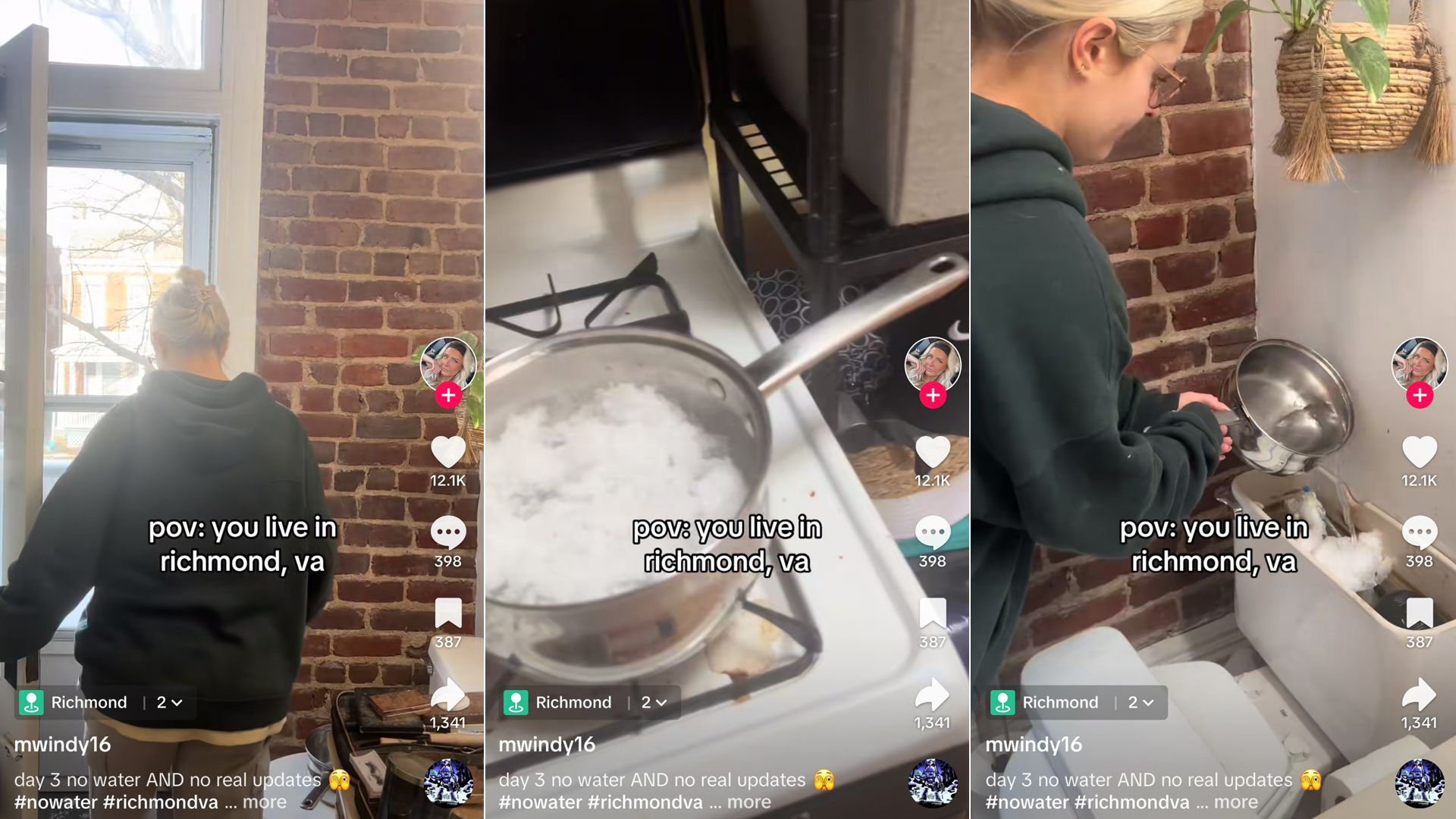 Three screenshots of the same TikTok that says "pov you live in Richmond, va" and it's a girl going out into the snow, then boiling it and putting it into her toilet tank.