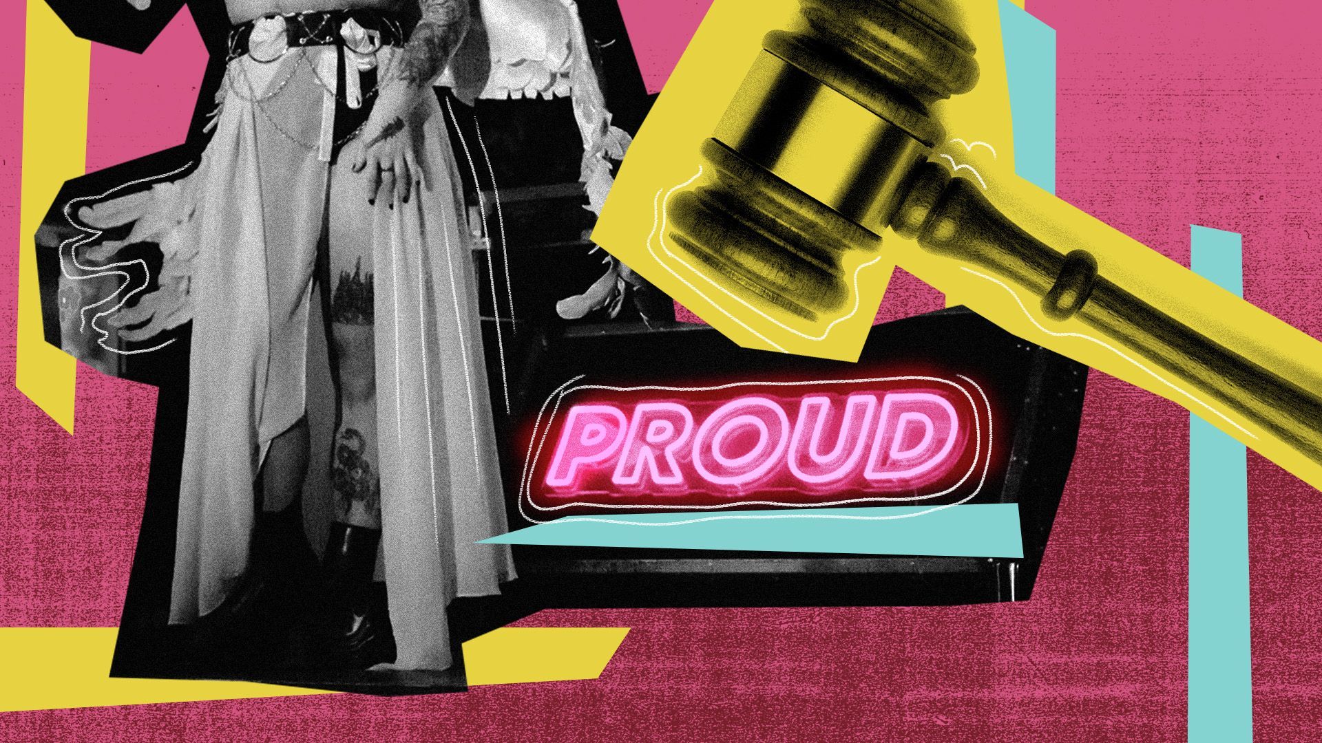 Photo illustration of an H-Town Kings performer next to a "PROUD" neon sign and a gavel with geometric shapes and scribbles in the background.
