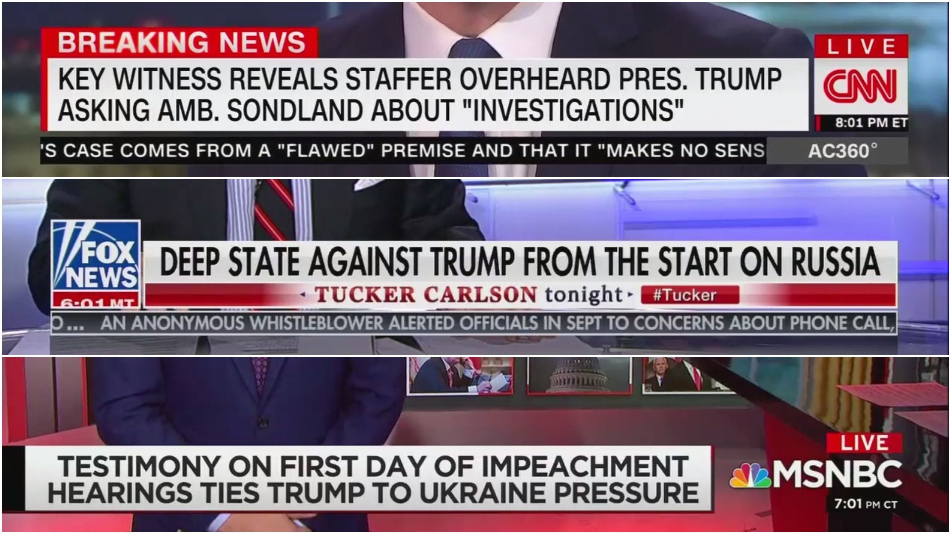 Screenshots of chyrons from CNN, Fox News, and MSNBC offering differing takes on the impeachment hearing