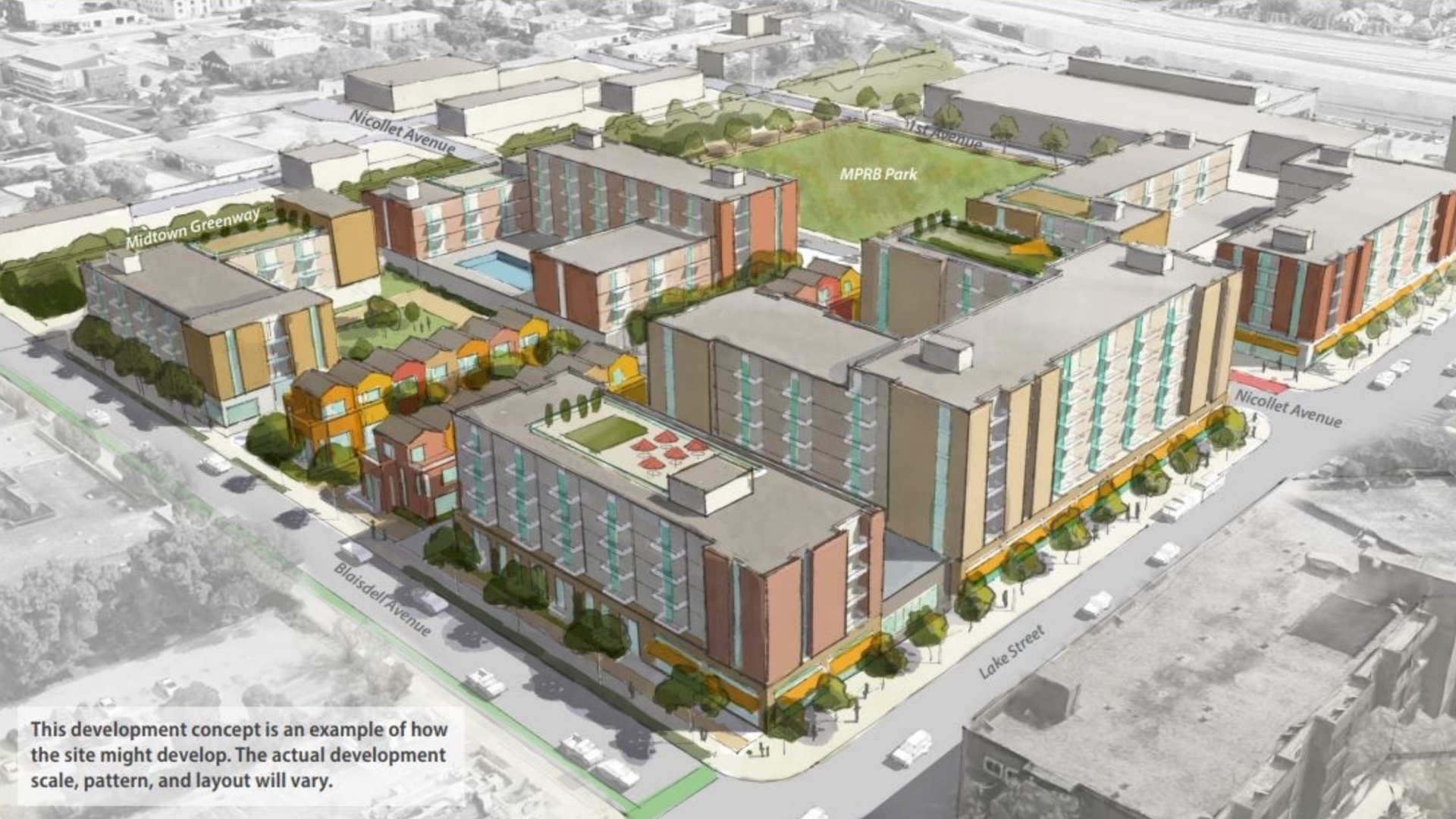 A concept rendering of a development site with several 5-6 story apartment buildings with ground-floor retail space and a park adjacent to Lake Street and the Midtown Greenway in Minneapoliis