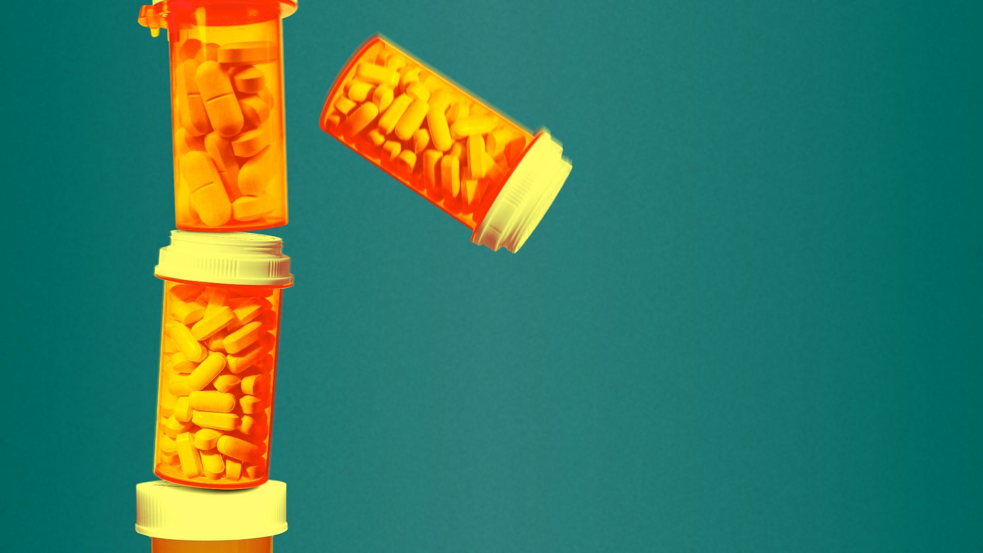 Illustration of a pill bottle falling down from a stack of pill bottles.