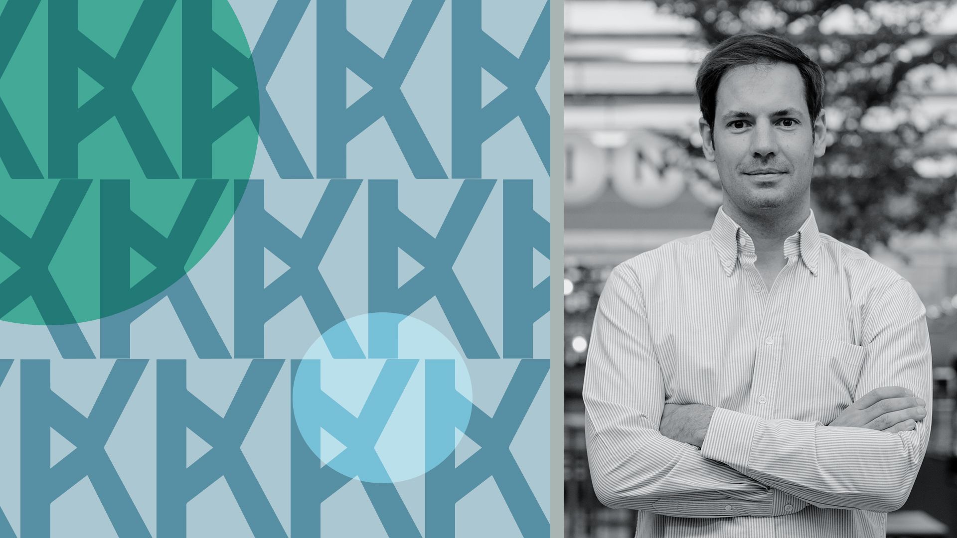 Photo illustration of Jean-Guillaume Kleis surrounded by the Keleops logo and abstract shapes.