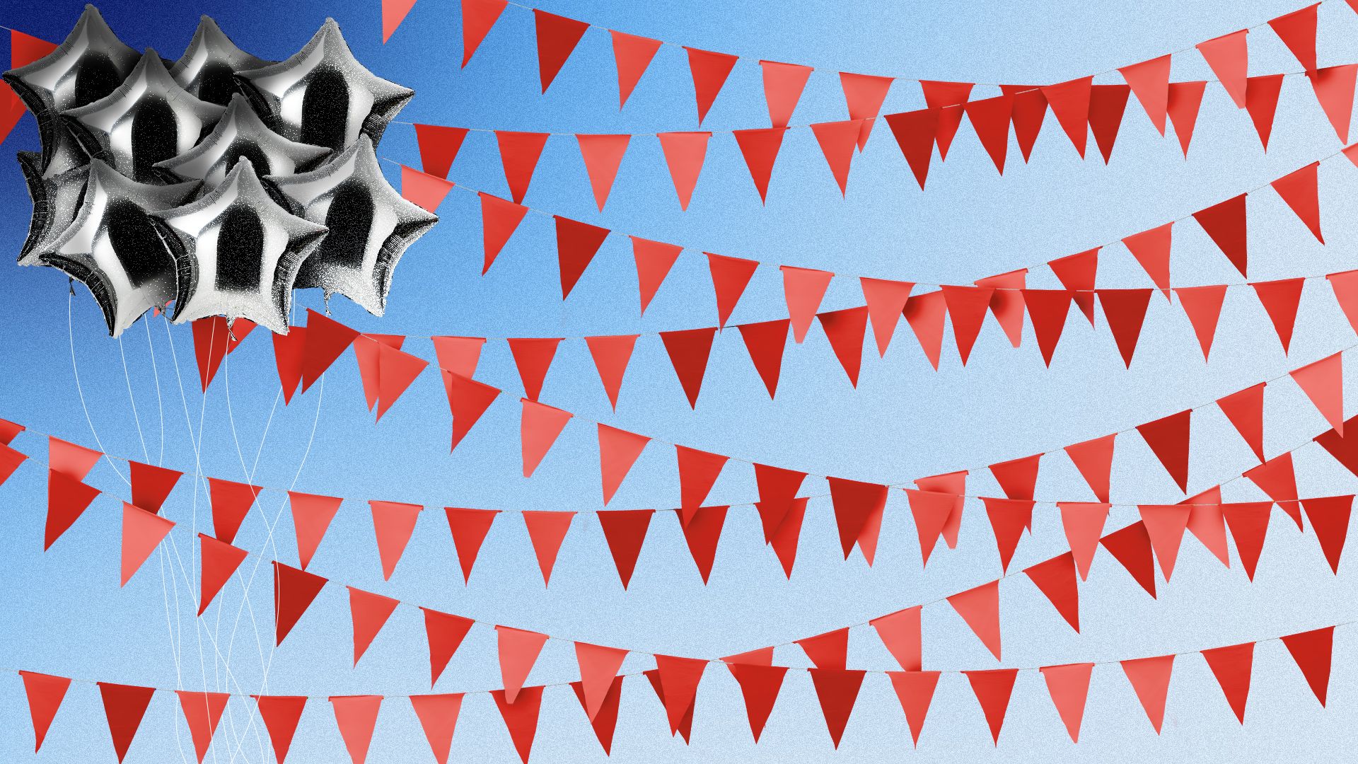 Illustration of a bundle of silver star balloons and strings of red flags zig zagging across the screen, all stylized to resemble an American flag. 