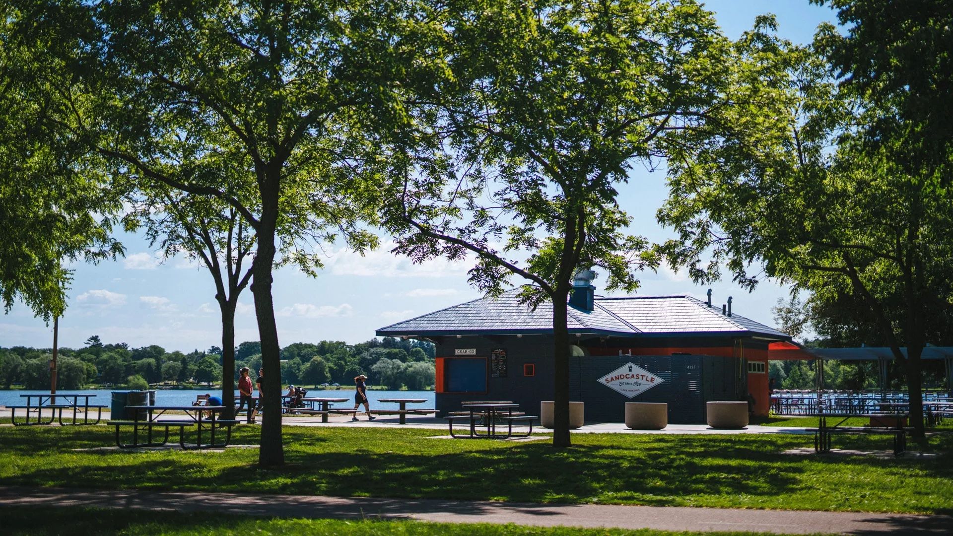 Sandcastle restaurant with Lake Nokomis in the background 