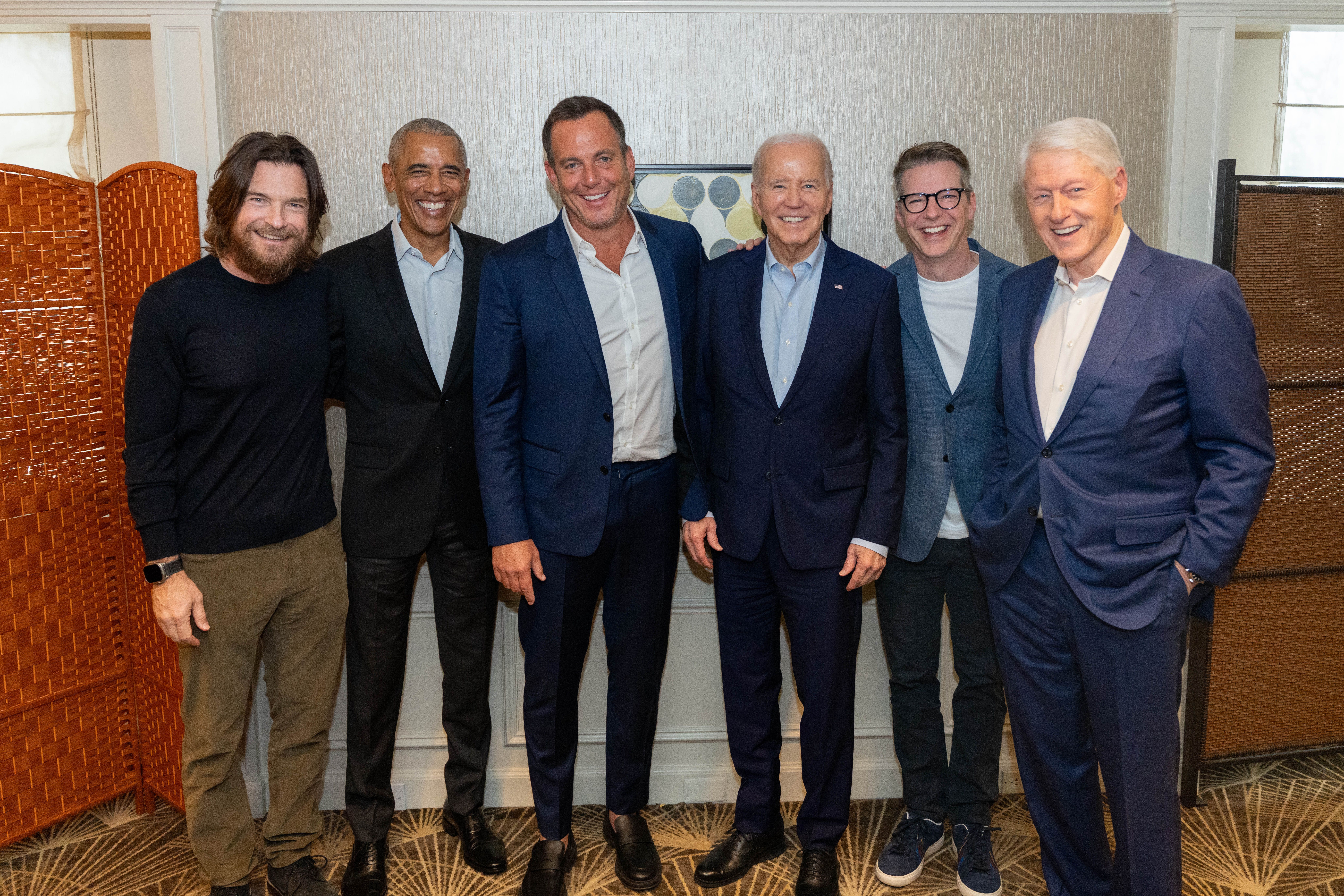 Jason Bateman, Barack Obama, Will Arnett, Joe Biden, Sean Hayes and Bill Clinton at the taping of the Smartless podcast.