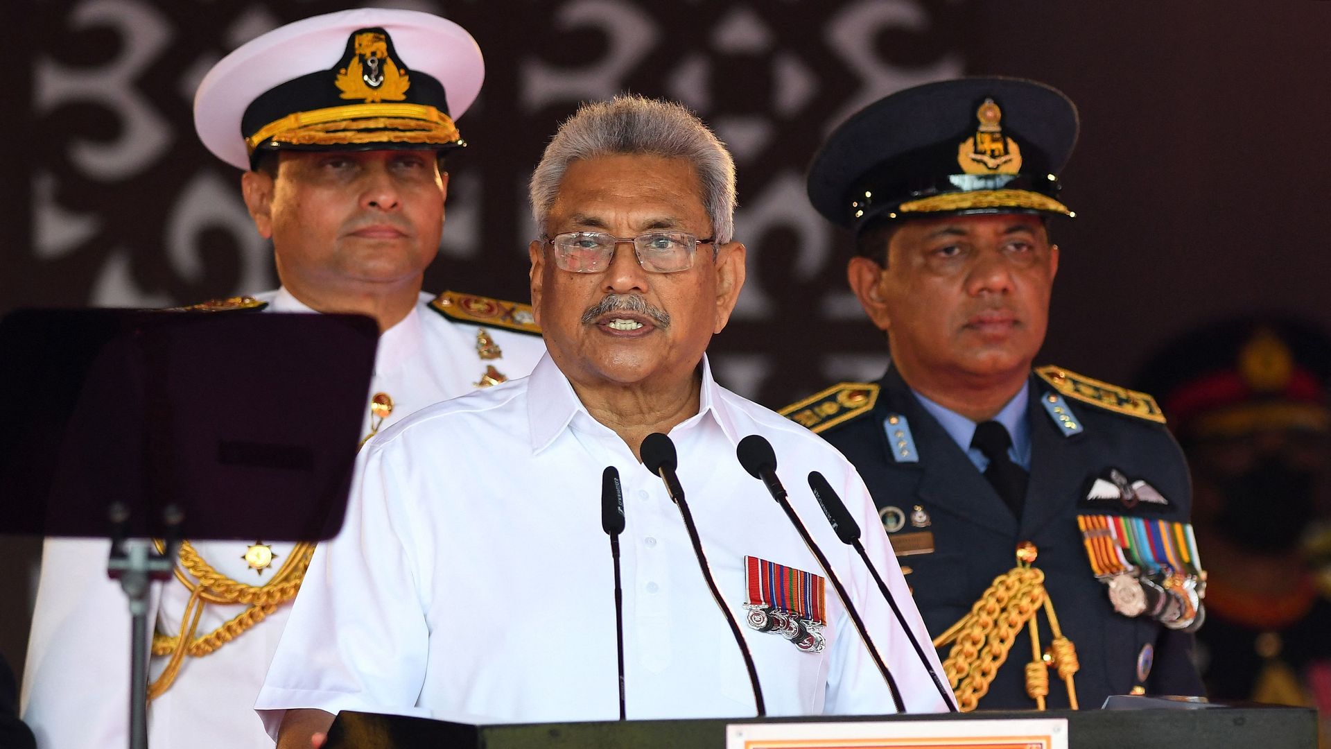 Sri Lanka's President Gotabaya Rajapaksa (C) addresses the nation a during the Sri Lanka's 74th Independence Day celebrations in Colombo on February 4.