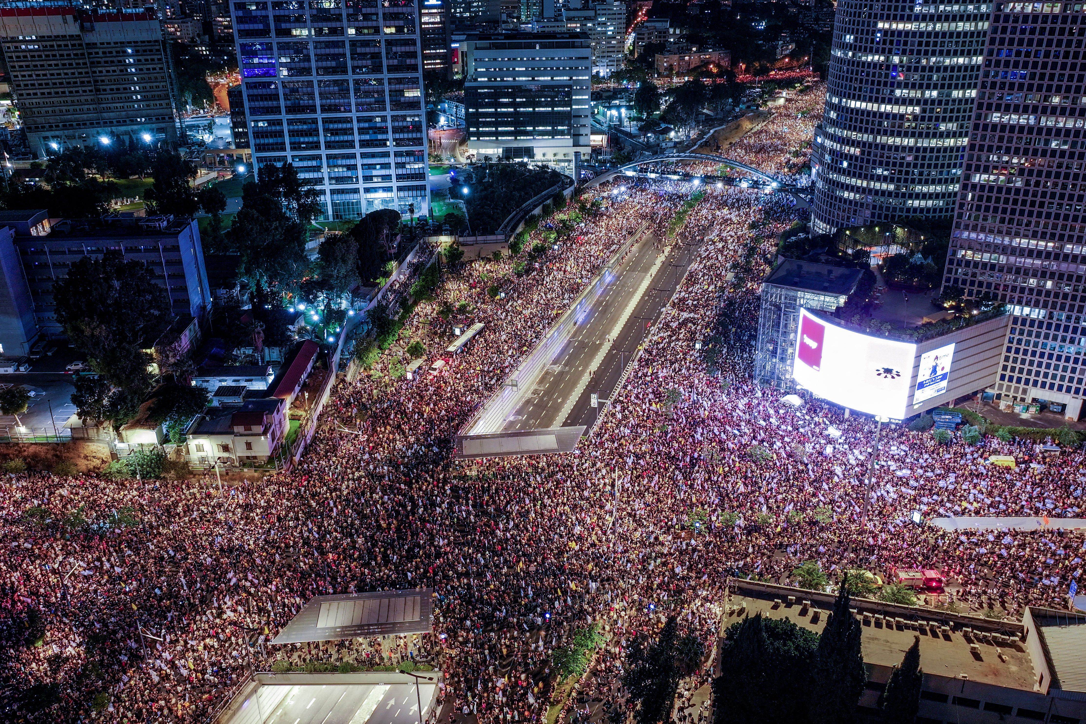 A drone photo of protesters rallying to show support for the hostages who were kidnapped