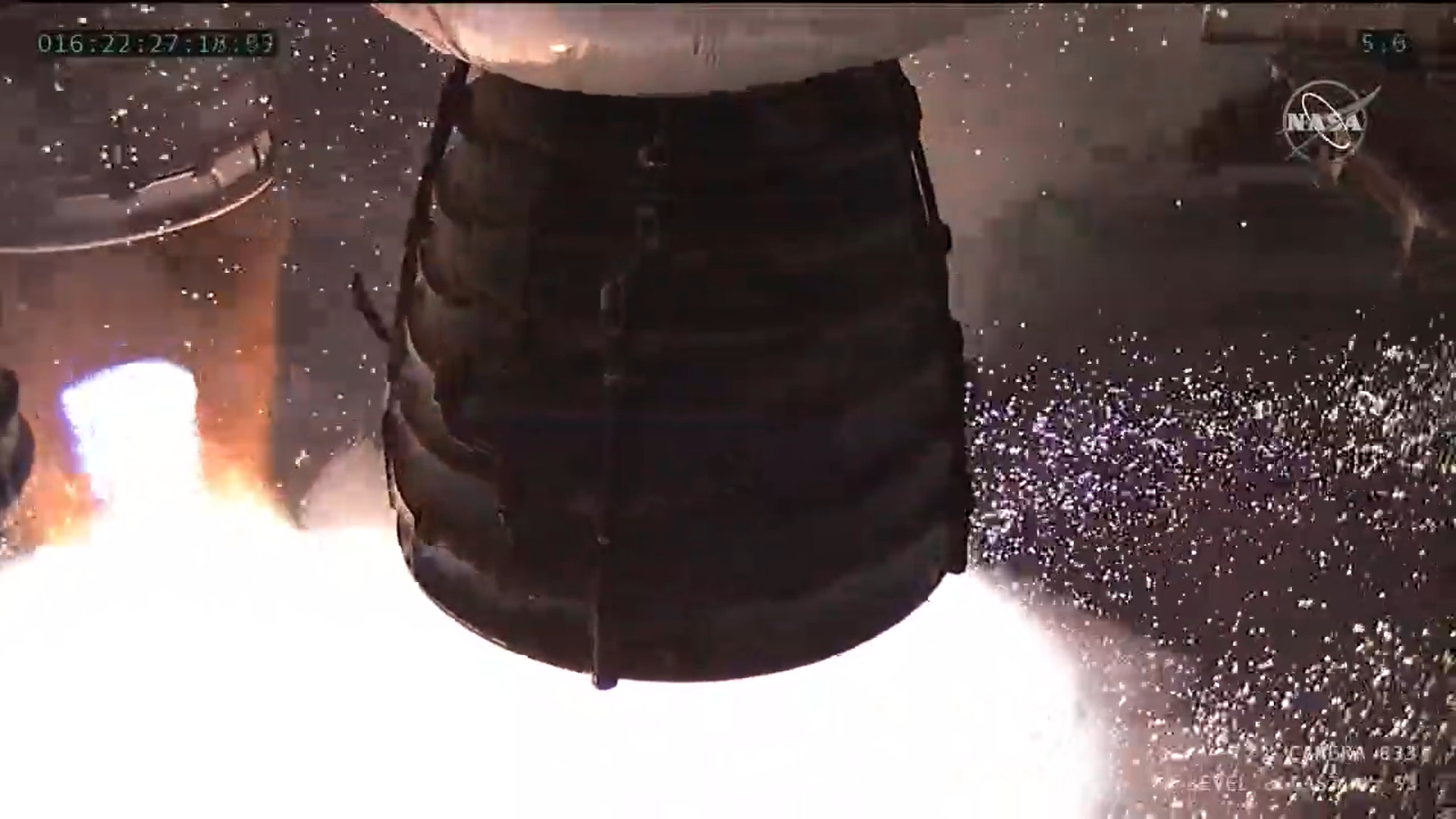 A close up of a rocket engine firing. 