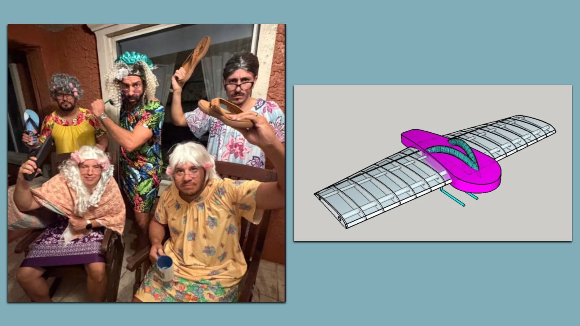 Five adults in colorful grandmother outfits and wigs pose on a porch, holding sandal; an inset shows a gray 3D blueprint of a long winged craft built around a purple and teal sandal.