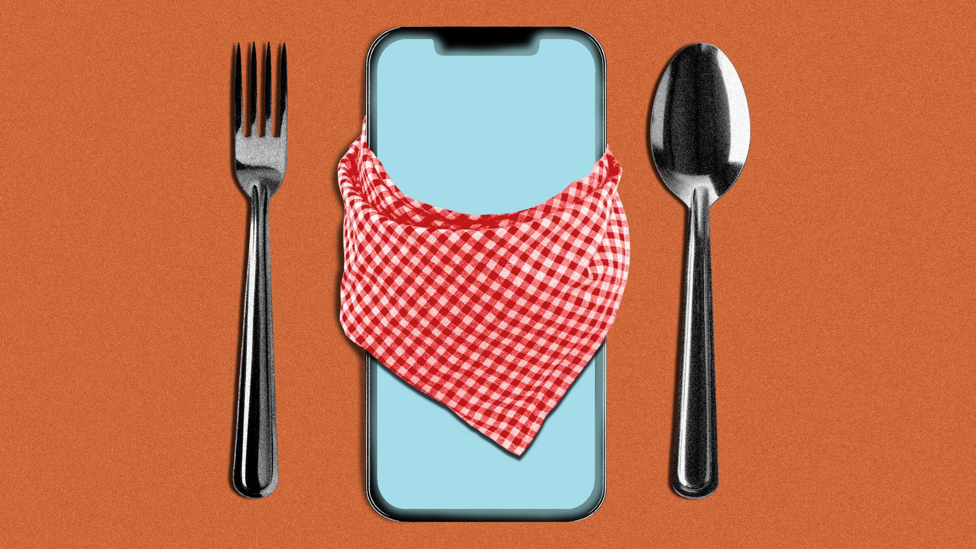 Illustration of a cell phone wearing a napkin in between a fork and spoon.
