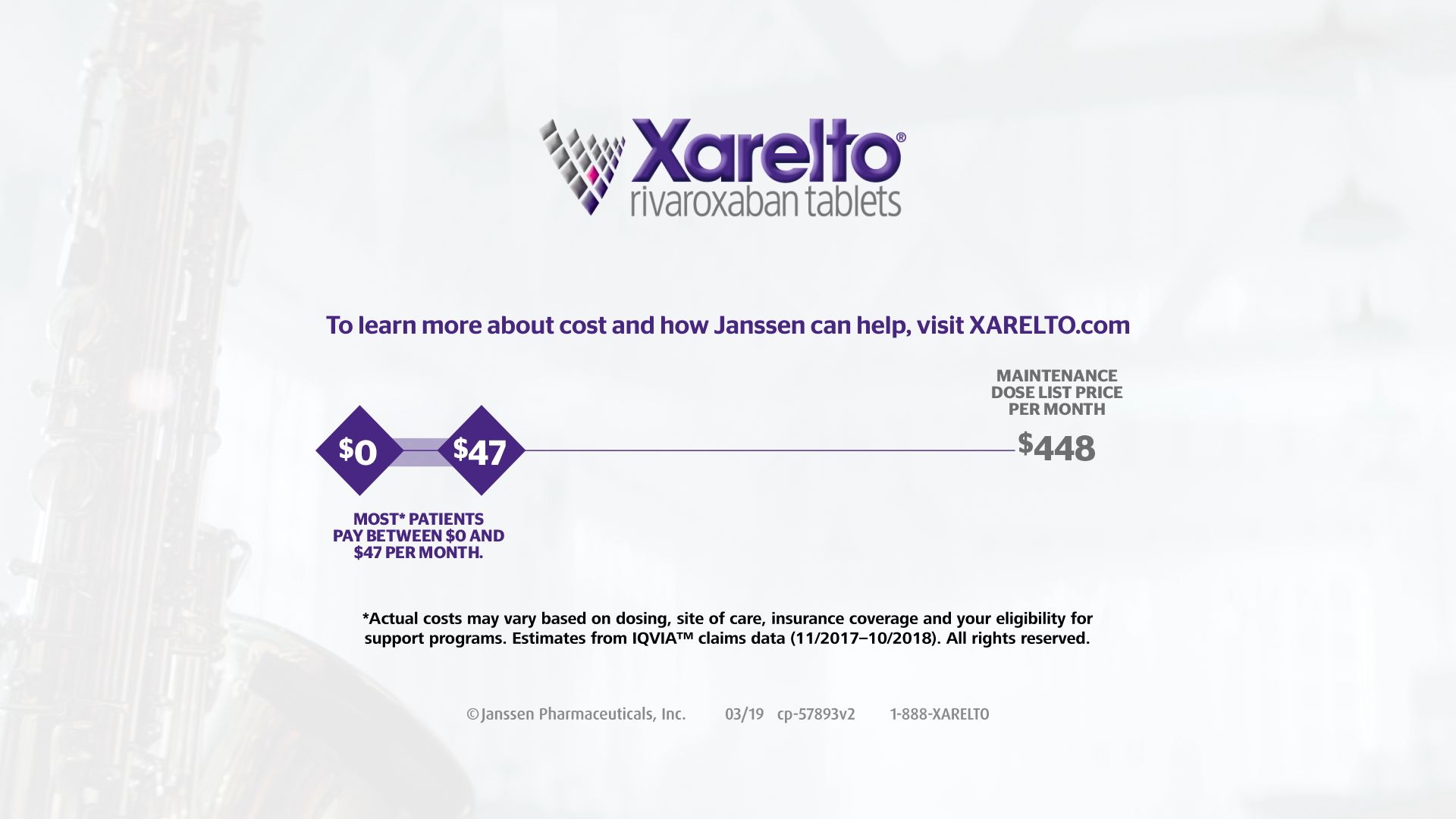 Screenshot of a new ad for Xarelto that shows the drug's price