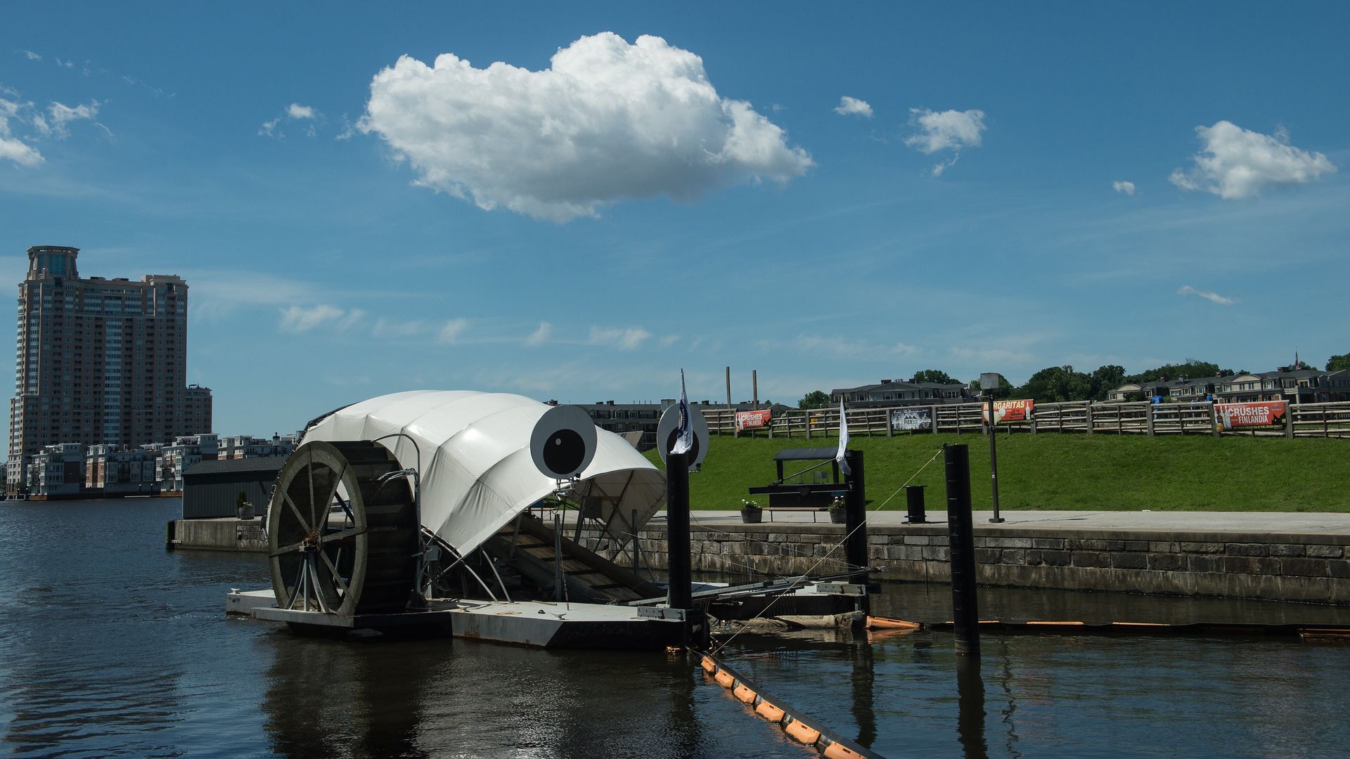 A water wheel that collects trash in Baltimore's harbor.