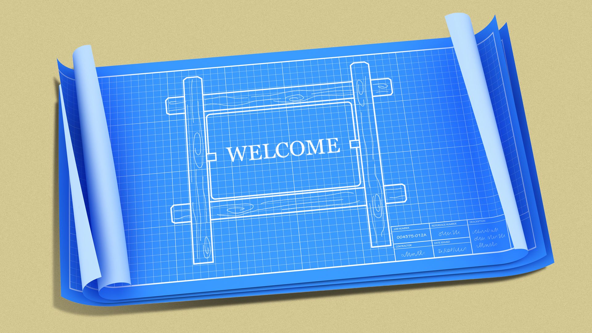 Illustration of a national park welcome sign on a blueprint.
