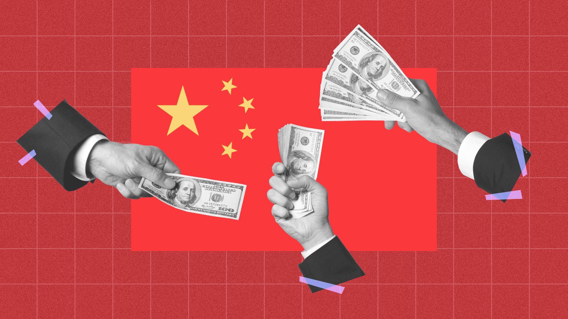 Illustration of the Chinese flag surrounded by hands reaching out with money