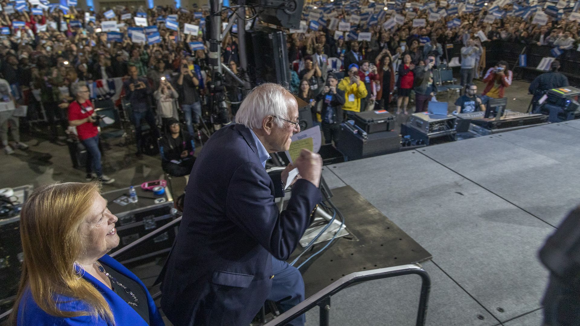 Sen. Bernie Sanders and his wife, Jane, take the stage at a rally in Los Angeles on March 1, 2020
