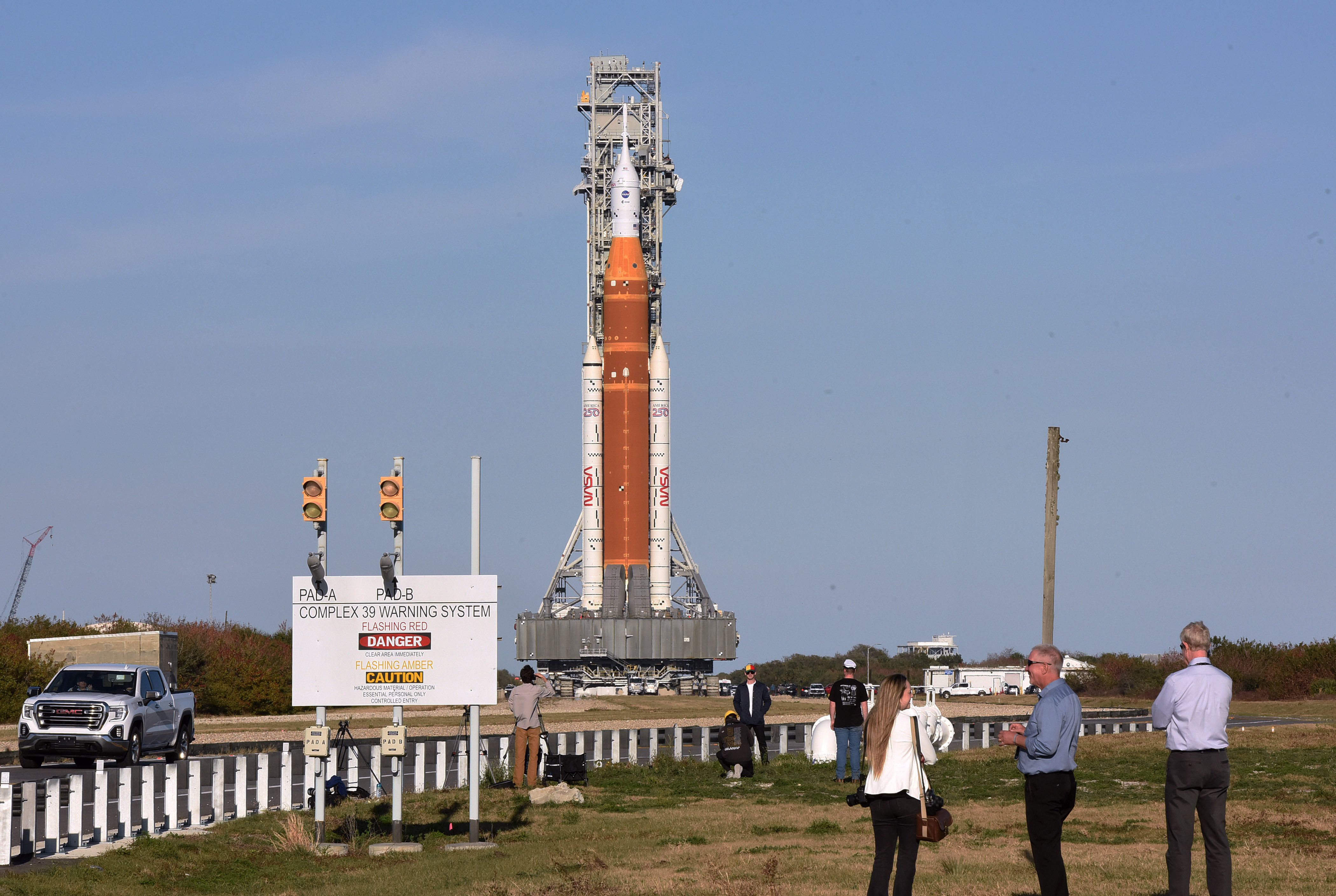 Image shows Artemis II at Kennedy Space Center.