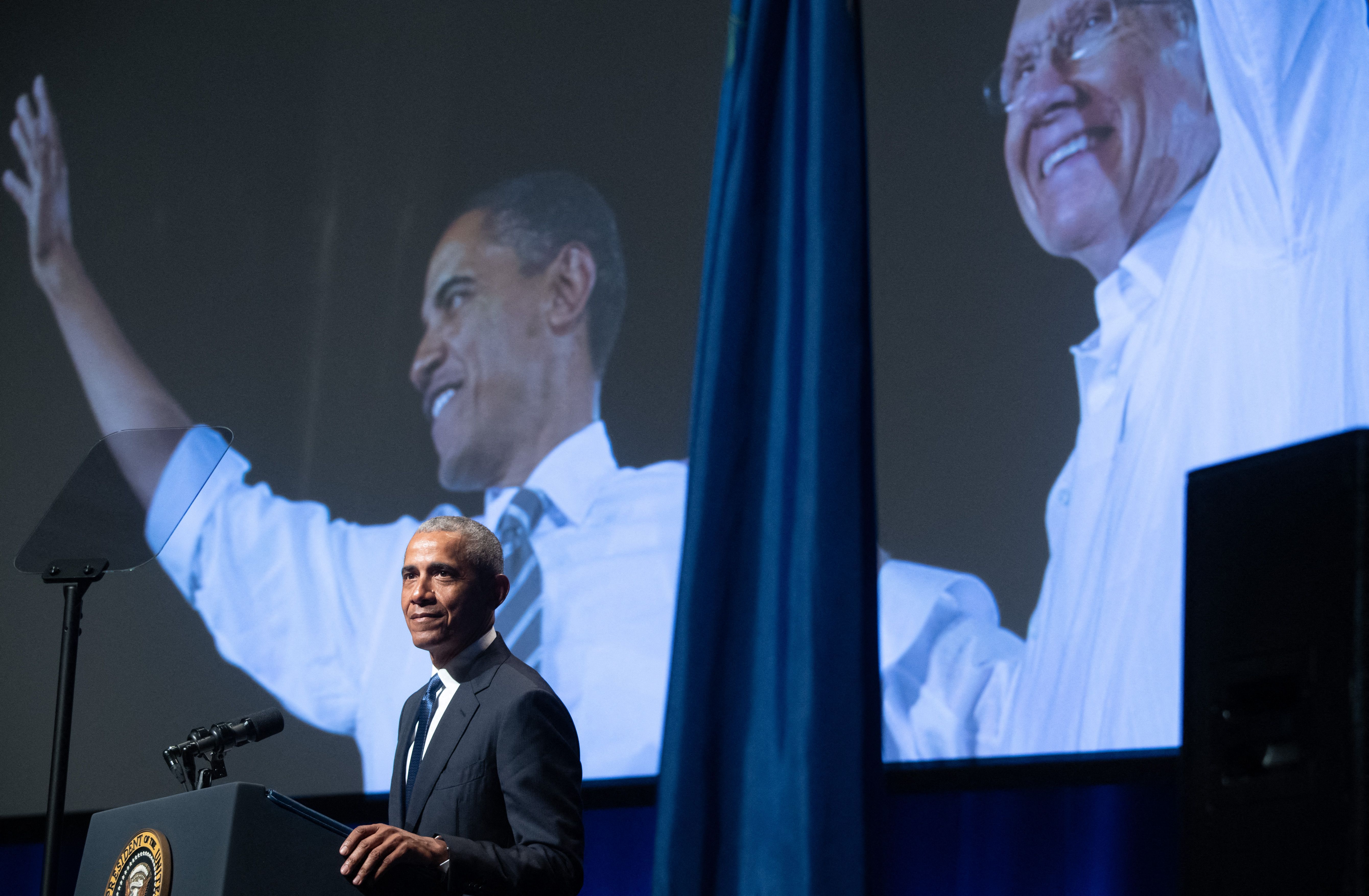 Former US President Barack Obama speaks during a memorial service for the late US Senate Majority Leader Harry Reid.