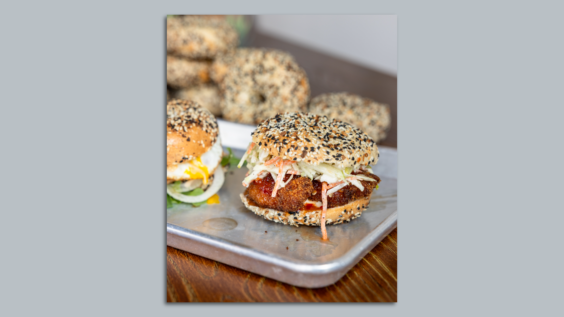 Fried chicken in a bagel sandwich.