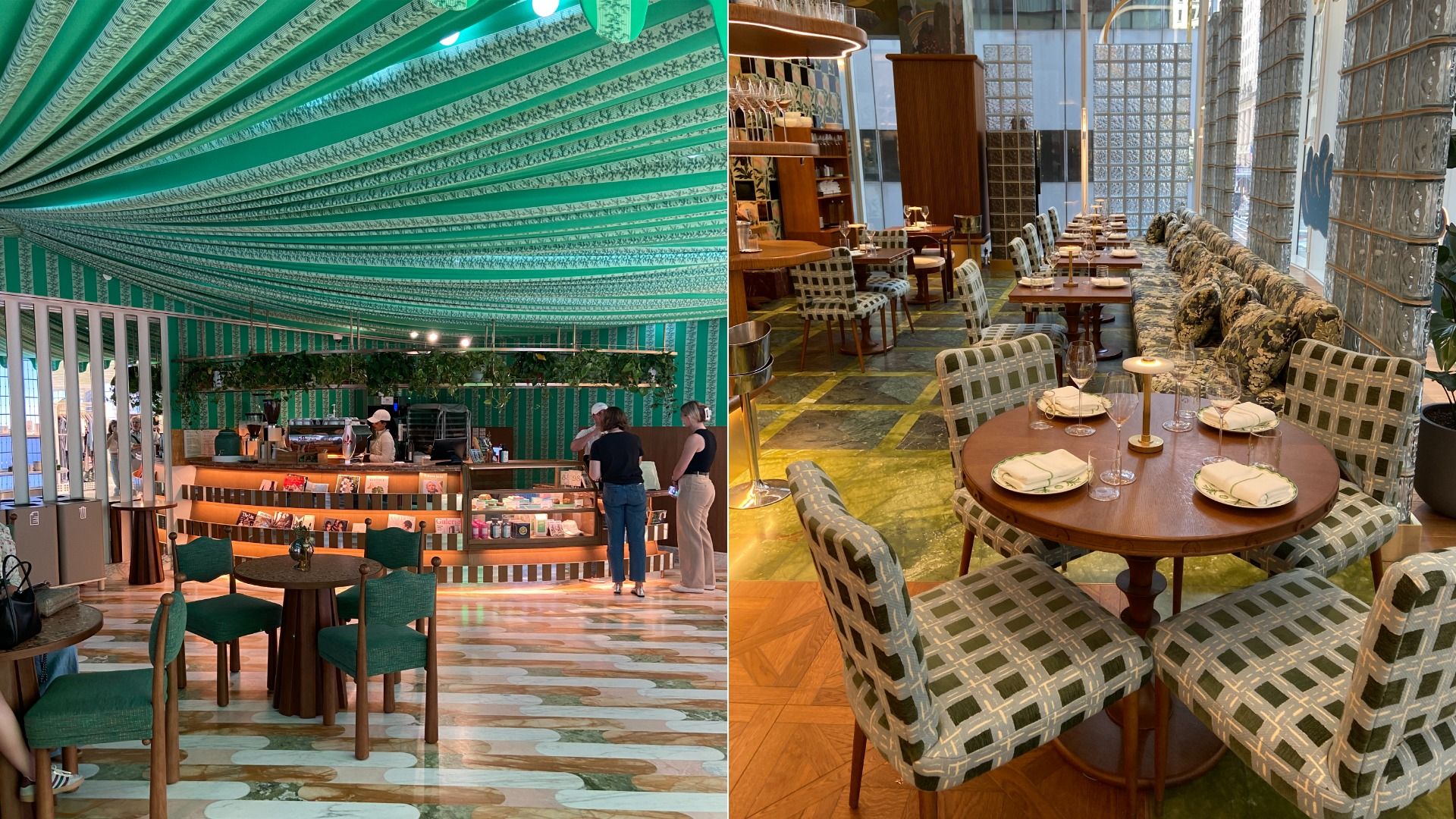 Two photos side by side. One shows a cafe with chairs and tables. The other shows a more upscale space for dining.