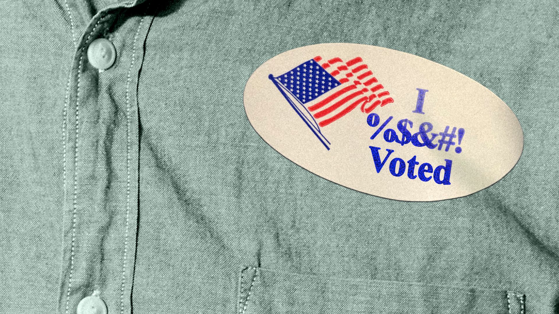Illustration of a person's shirt with a sticker with an American flag on it, and the text, "I %$&#! Voted."