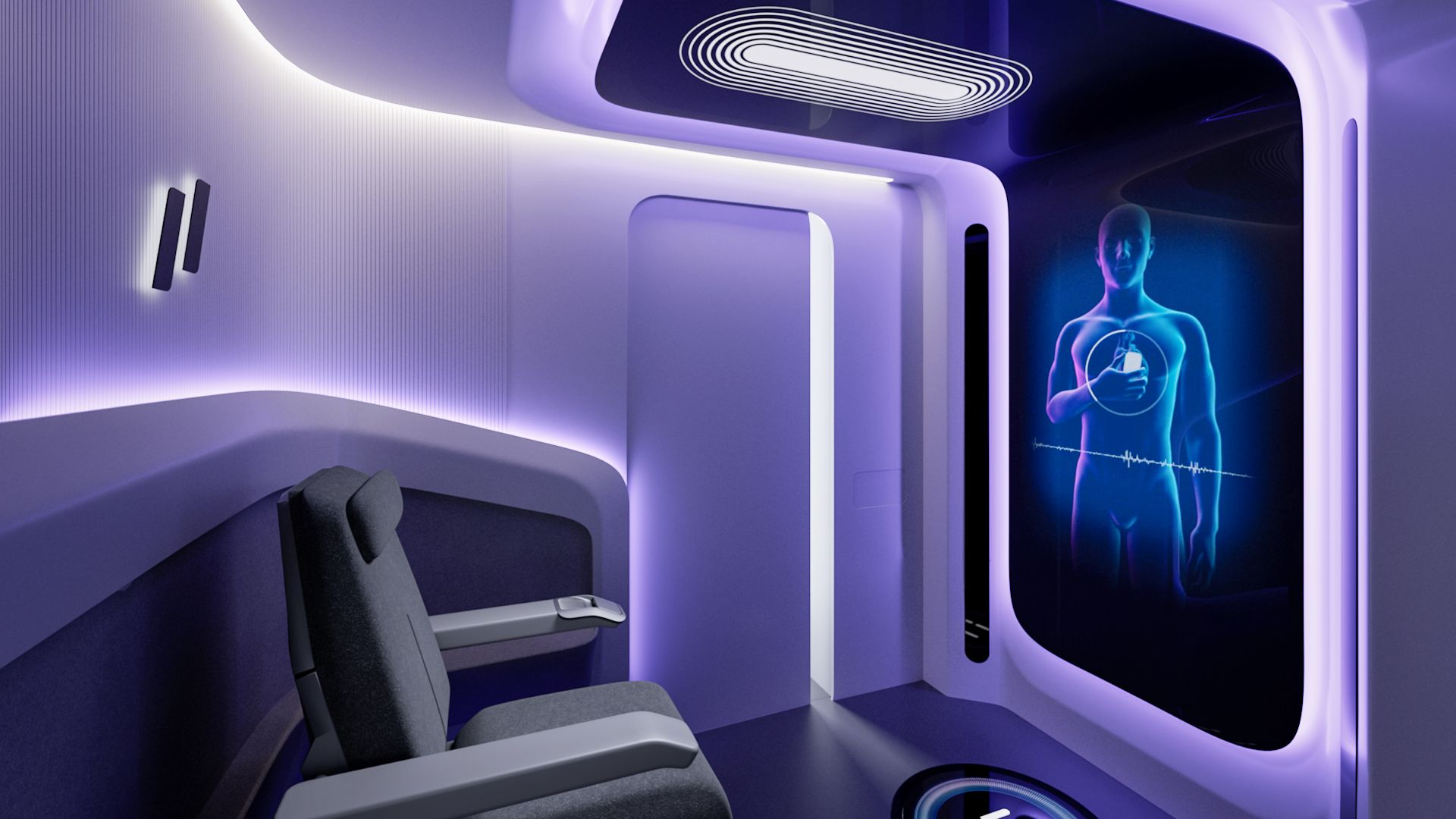 Inside the CarePod, an airplane-like seat faces a screen with an image of a body on it.