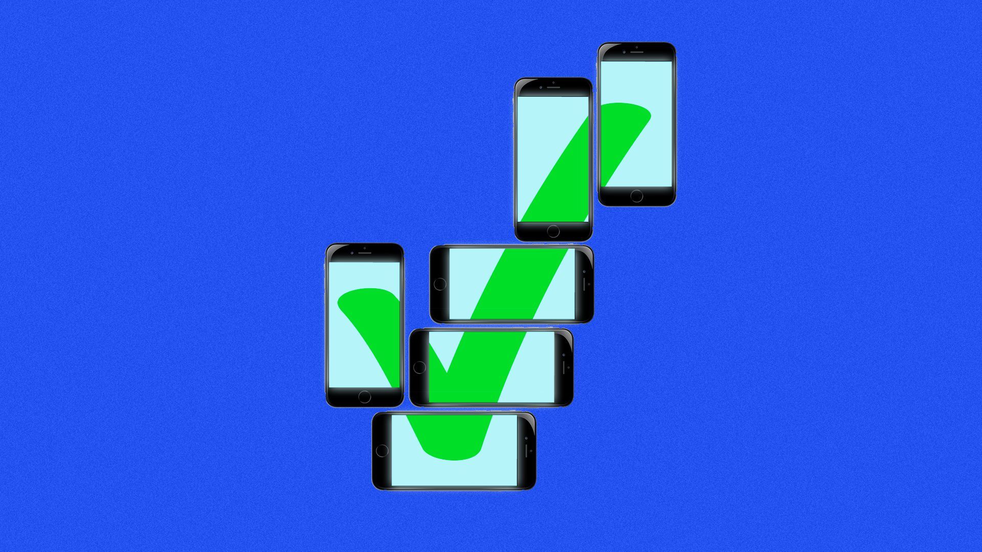 Illustration of cell phones arranged so that their screens show a giant check mark. 