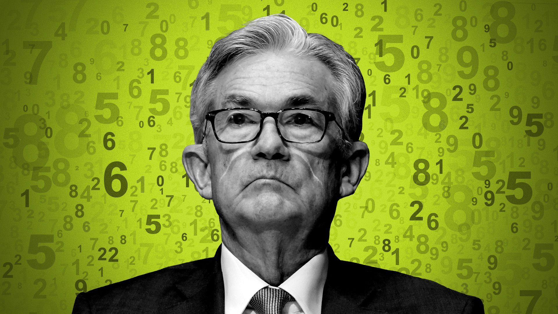 Photo illustration of Jerome Powell in front of a cloud of numbers.