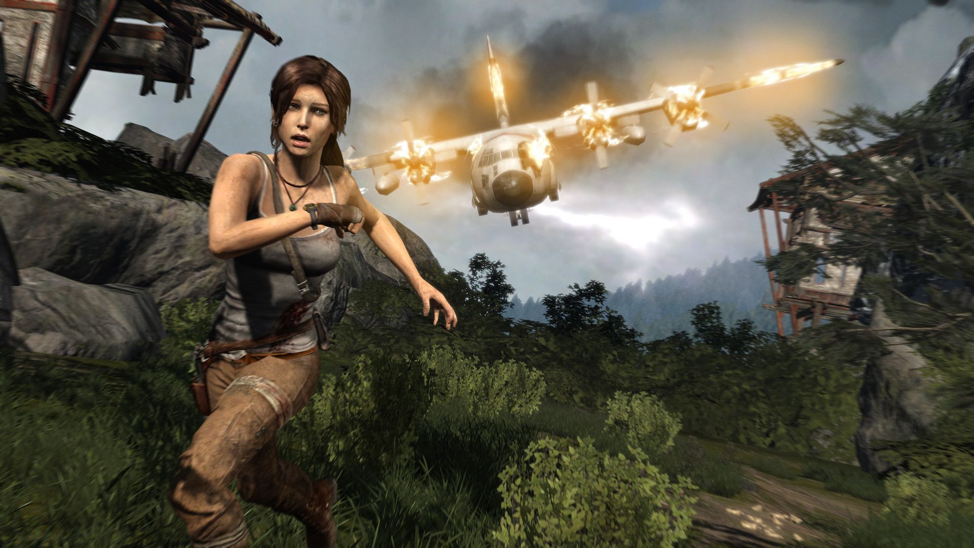 Video game screenshot of Lara Croft running away from a crashing plane