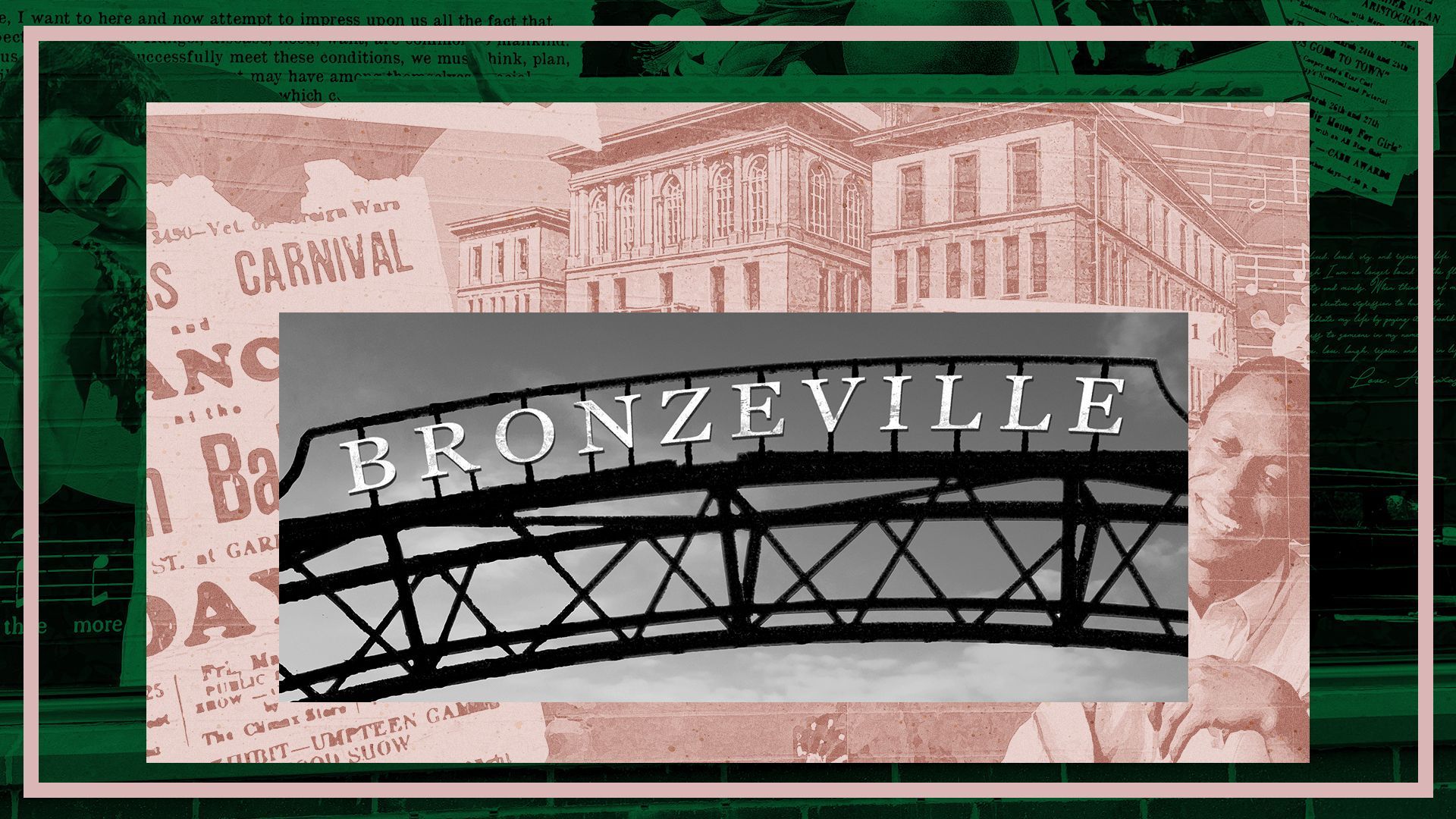 Photo illustration of a Columbus neighborhood arch reading BRONZEVILLE with murals from the neighborhood.
