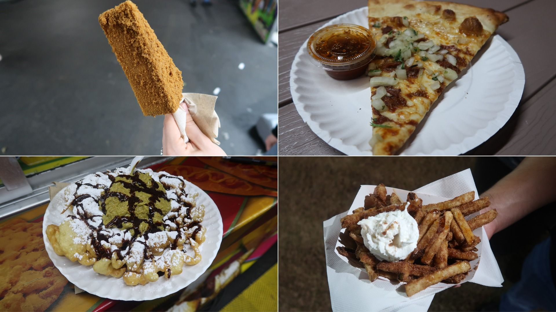 Four images showing fair foods: a hand holding a brown-coated treat on a stick, a slice of pizza with onions and sauce on a white plate, a funnel cake topped with powdered sugar, chocolate, and green sauce, and cinnamon sugar fries with whipped cream.