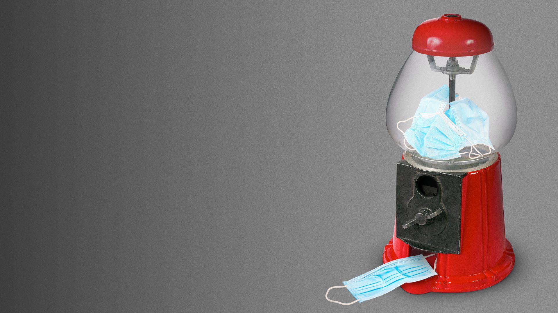 Illustration of a gumball machine with a low supply of surgical masks.