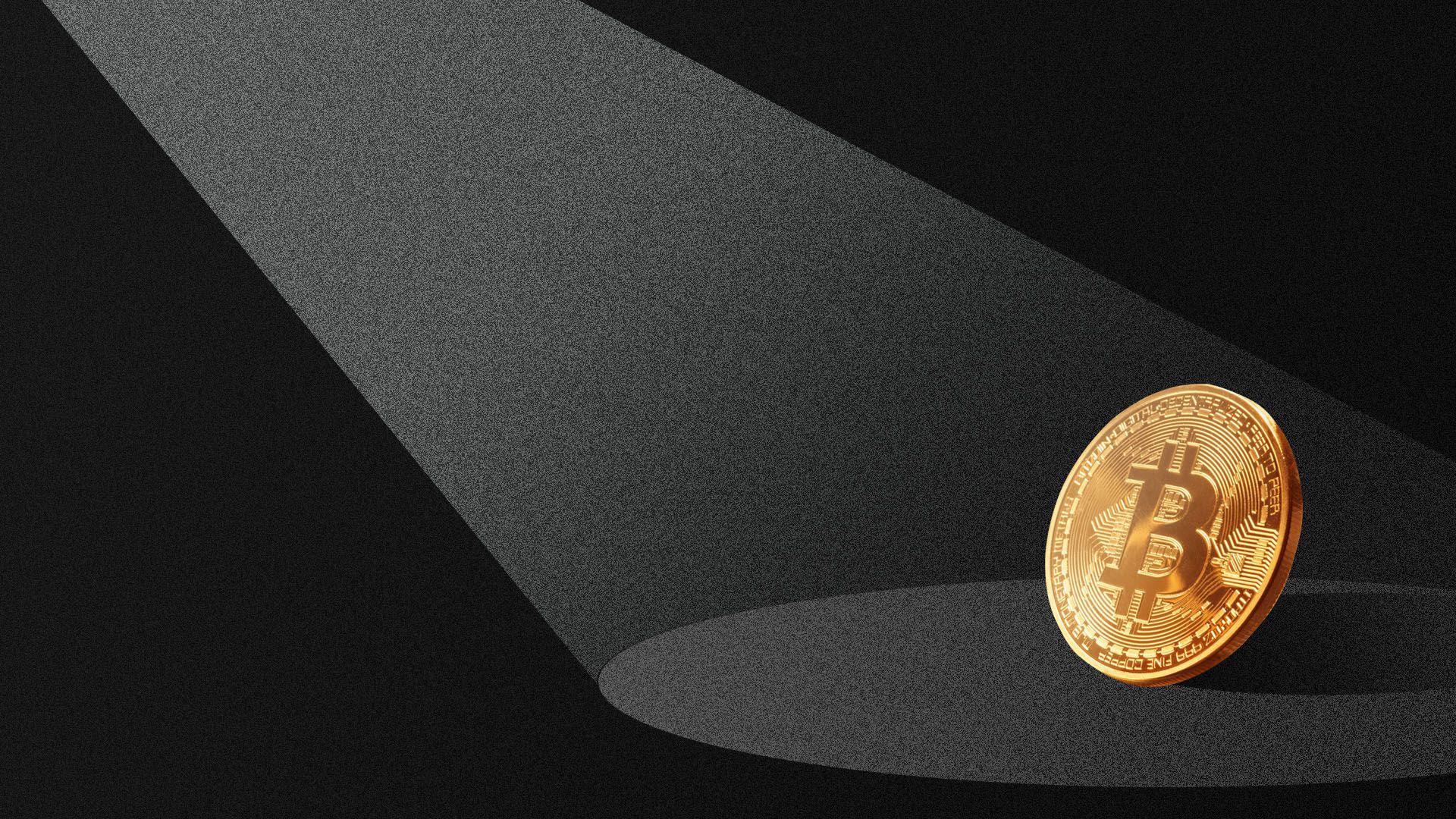 Illustration of a light shining on a bitcoin in the dark.