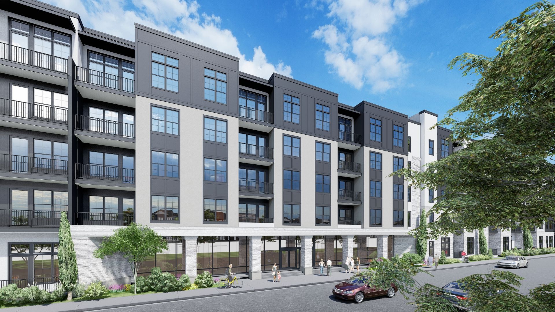 A rendering showing an apartment building with a black, gray and white interior.
