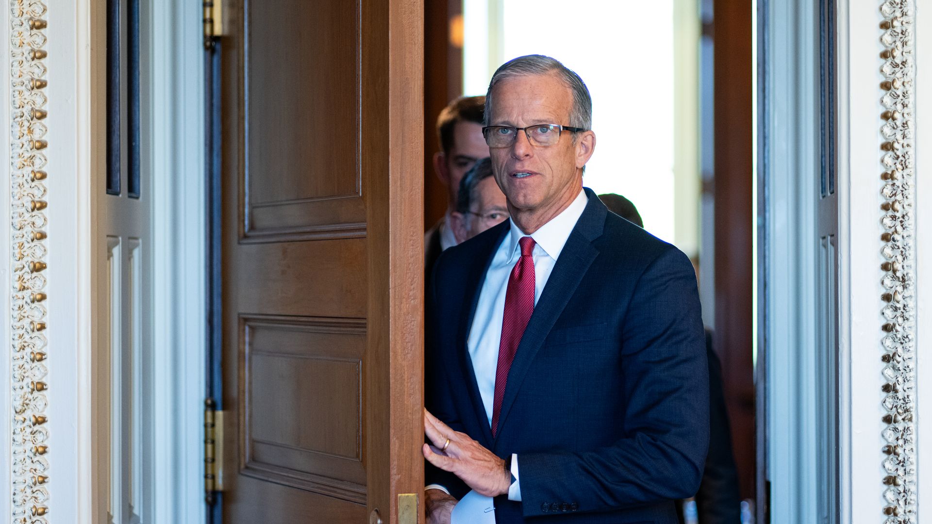 Senate Majority Leader John Thune, R-S. Dak., leaves the Senate Republicans' lunch meeting
