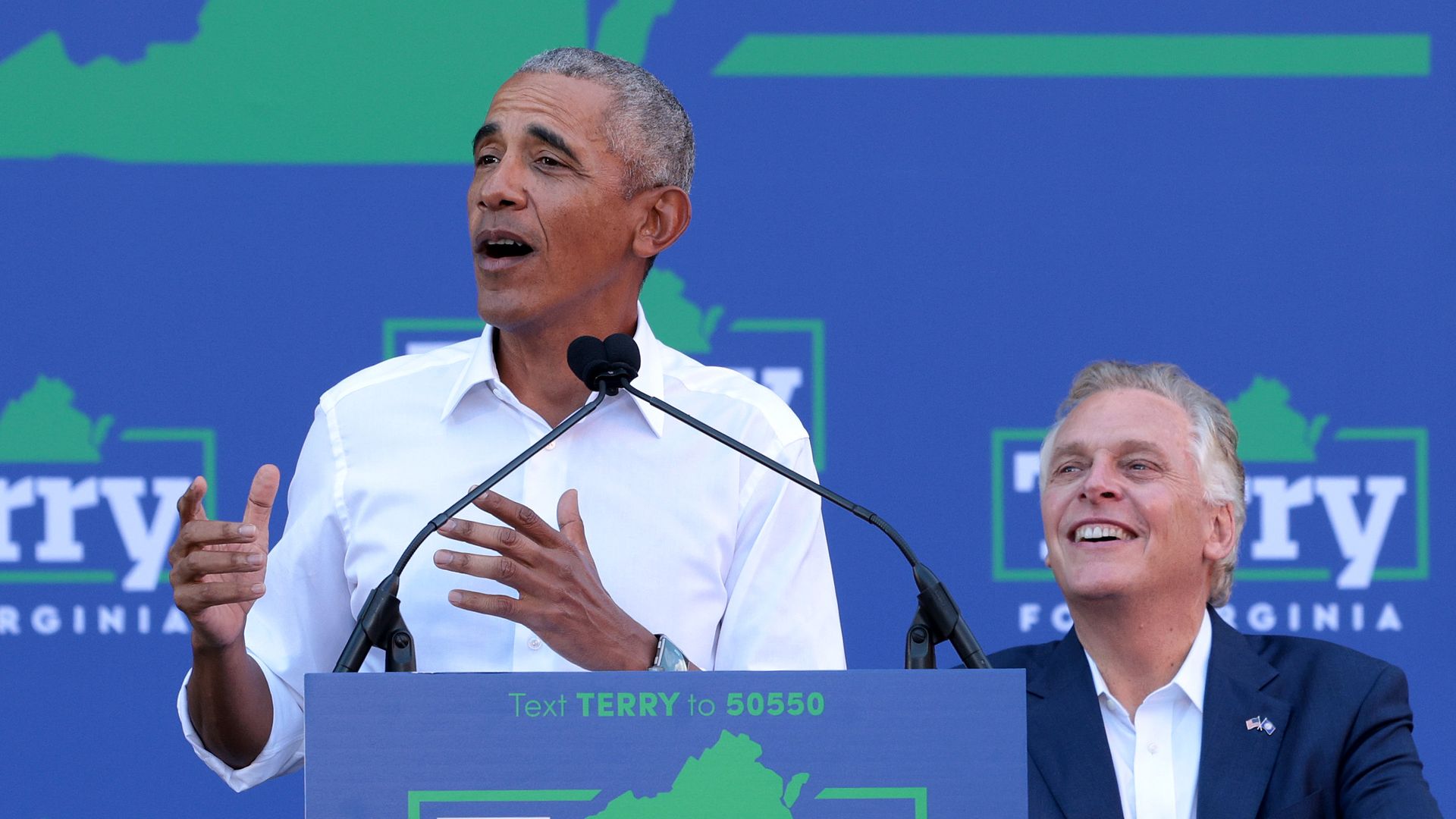 Former U.S. President Barack Obama (L) speaks as he campaigns with Democratic gubernatorial candidate, former Virginia Gov. Terry McAuliffe at Virginia Commonwealth University October 23, 2021 