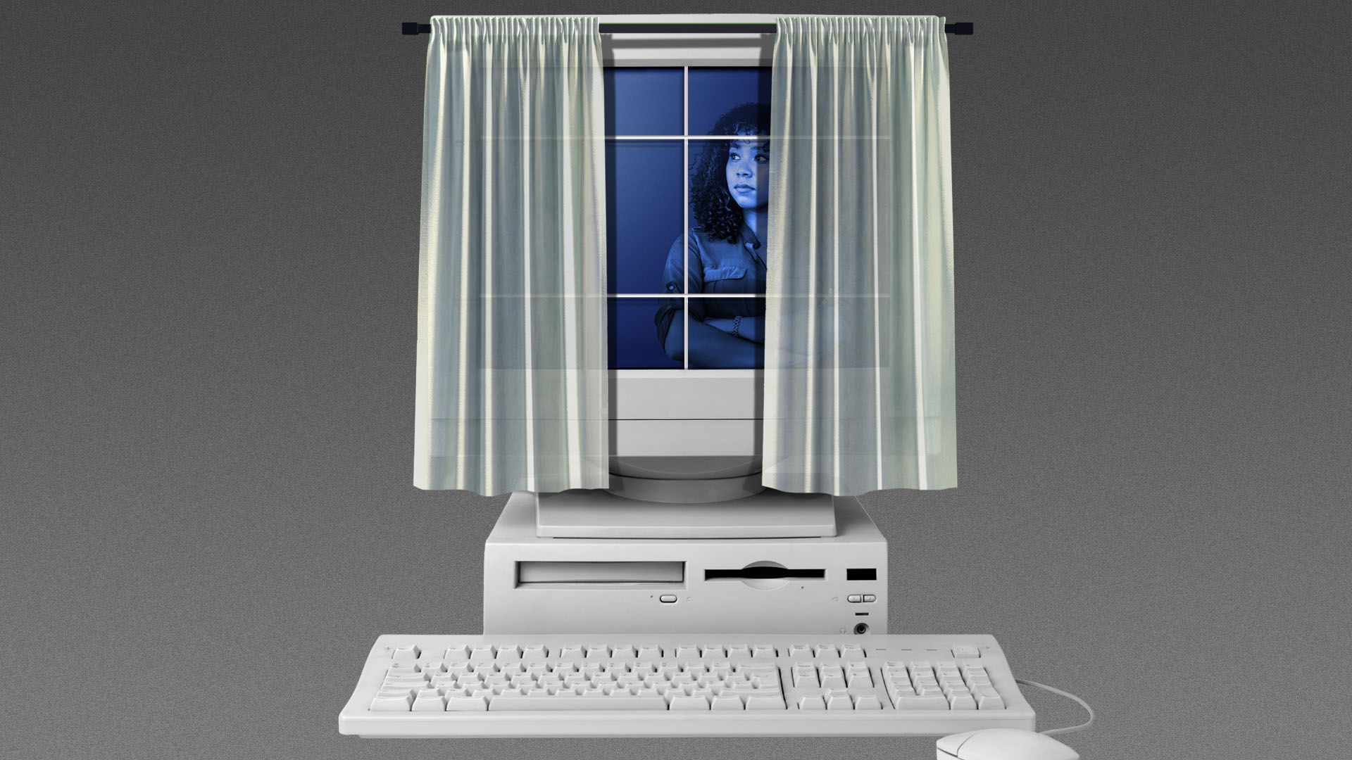Illustration of a woman looking out a window with open curtains build into a computer screen