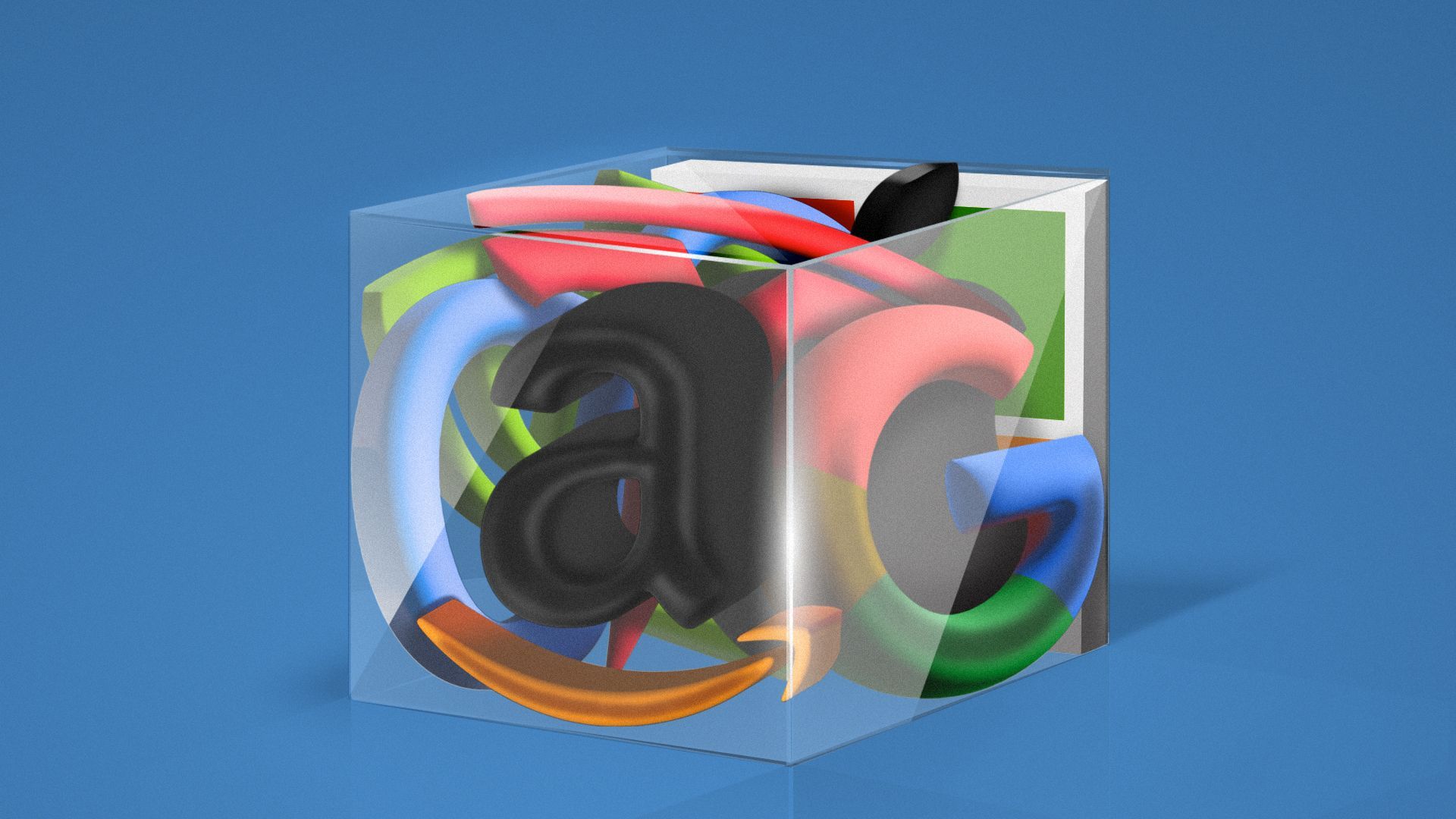 Illustration of the Amazon, Google, Microsoft, Meta, Tesla, Nvidia and Apple logos crammed into a glass box.