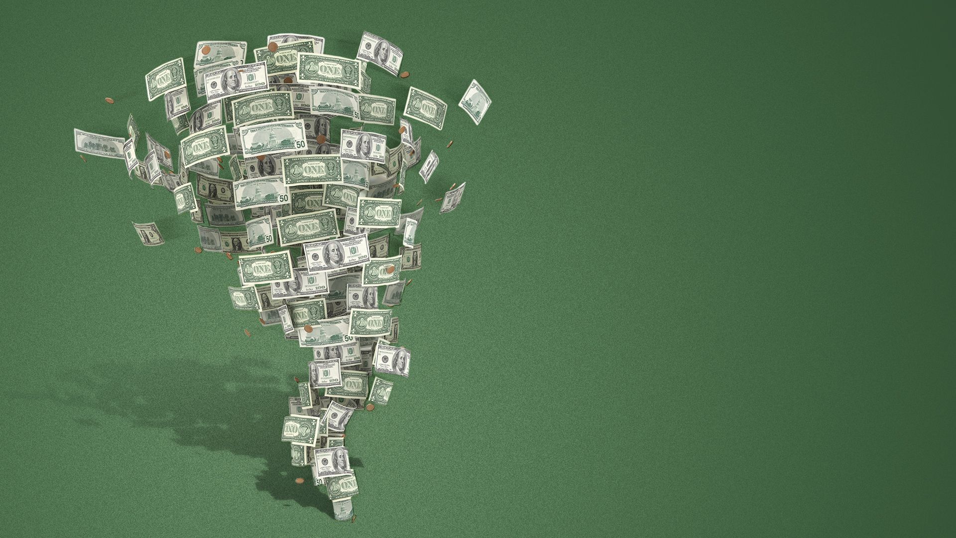 Illustration of a tornado made of money. 