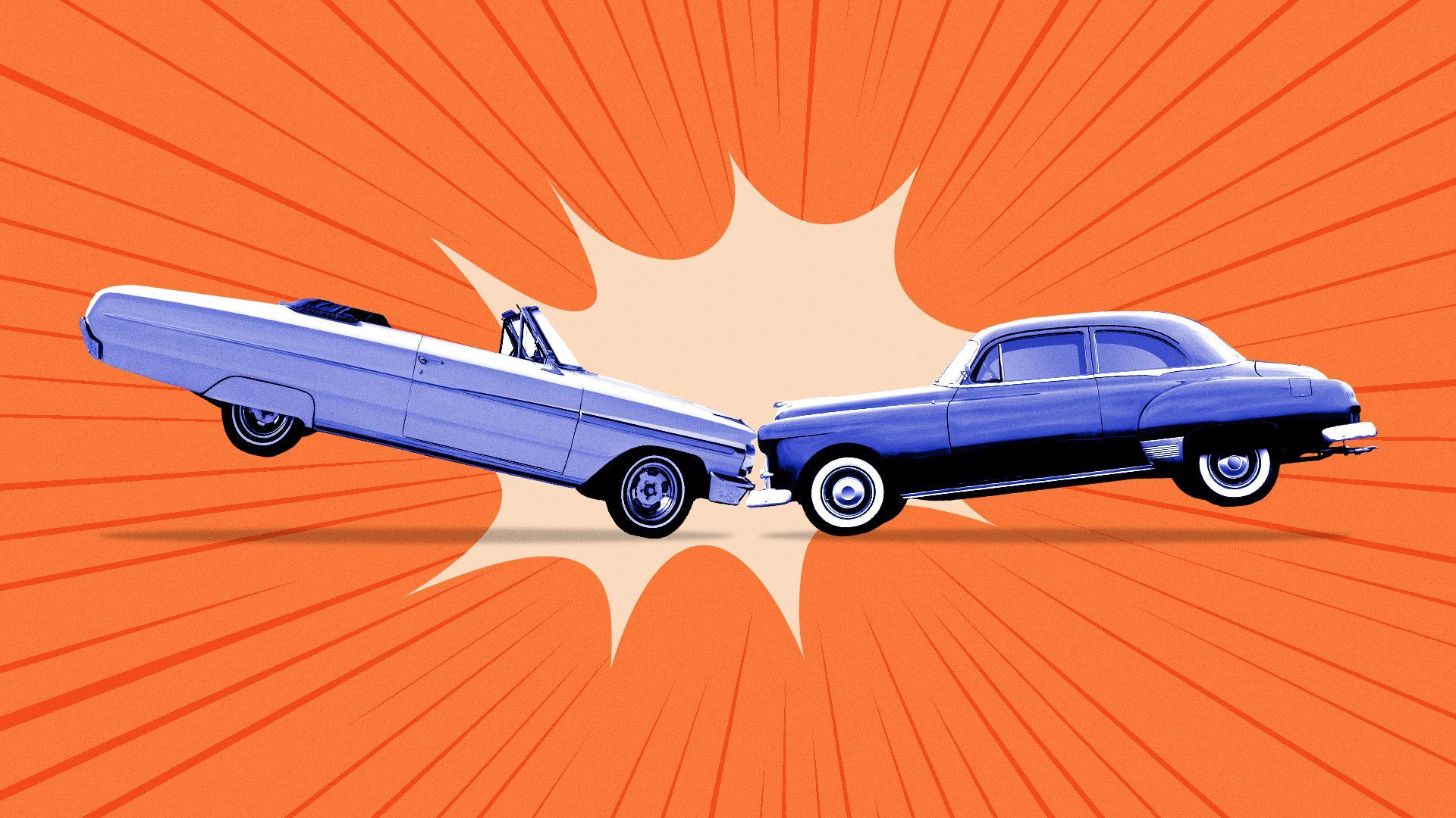 Illustration of two cars crashing with a comic book explosion