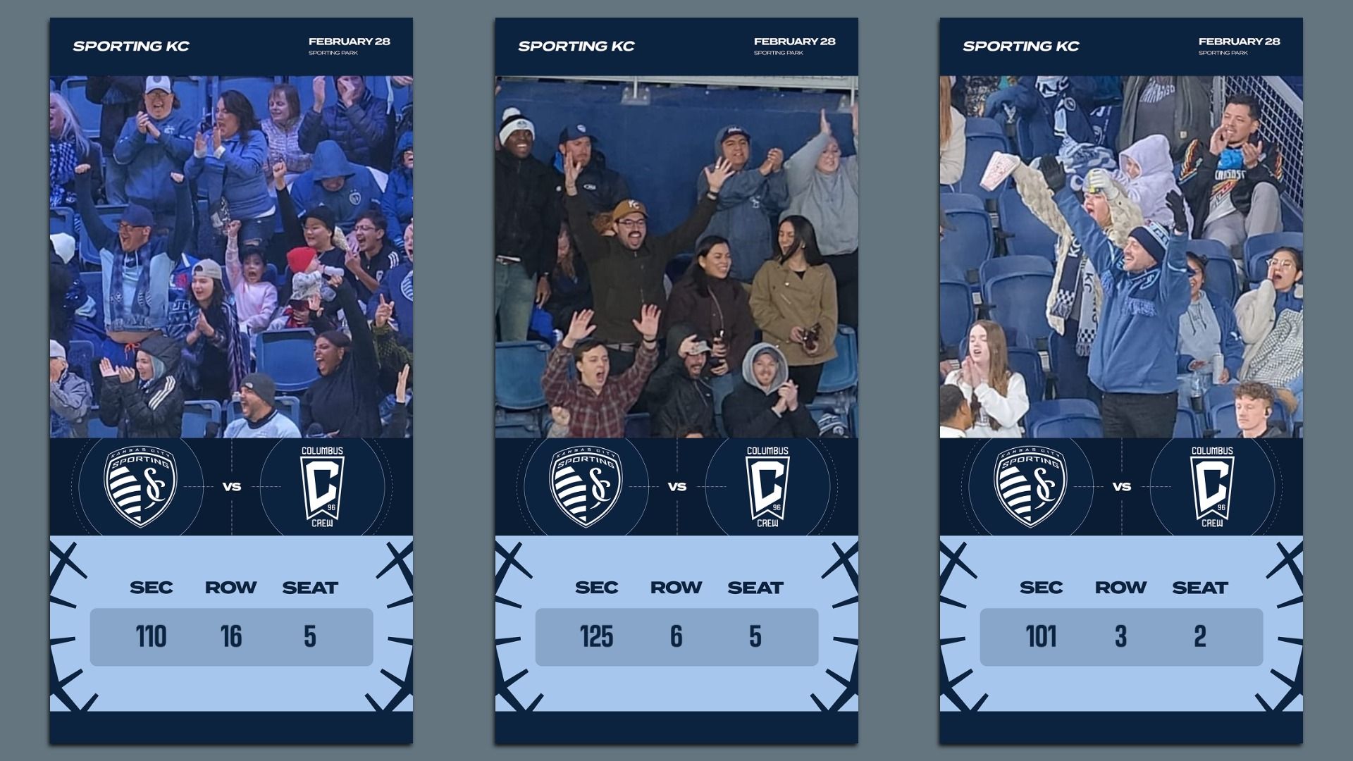Three vertical Sporting KC posters with blue-clad fans cheering; top banners read “SPORTING KC” and “FEBRUARY 28.” Middle shows team crests and a VS divider, bottom features a light-blue ticket area labeled SEC ROW SEAT.