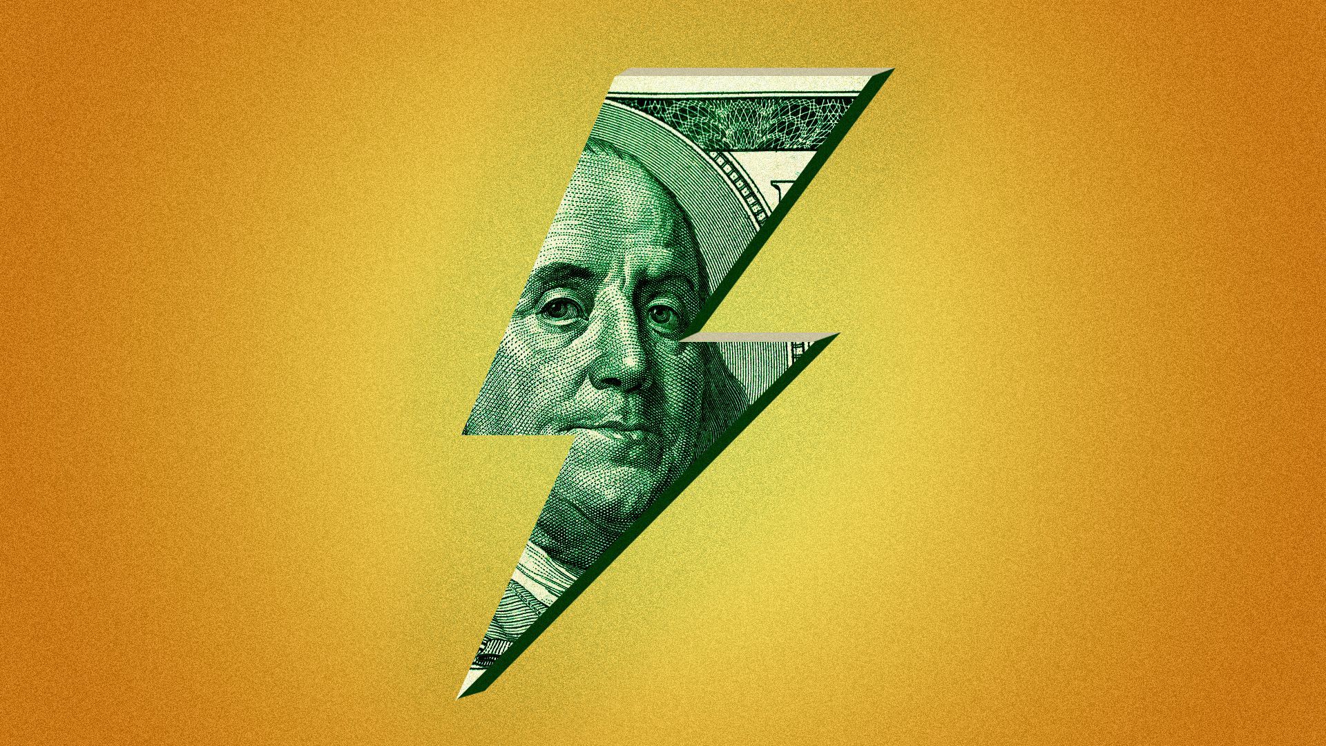 Illustration of a hundred dollar bill stylized as an electric symbol.