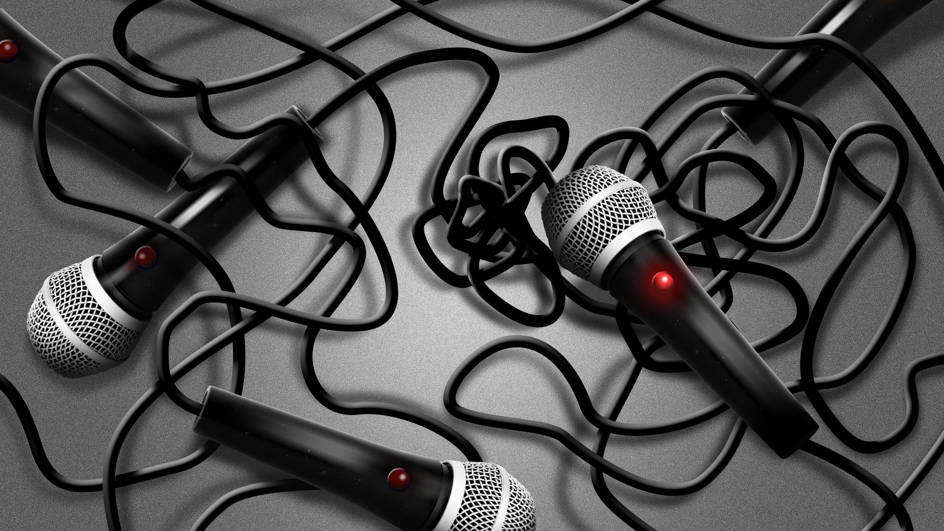 Illustration of multiple microphones tangled in wires with a single microphone on