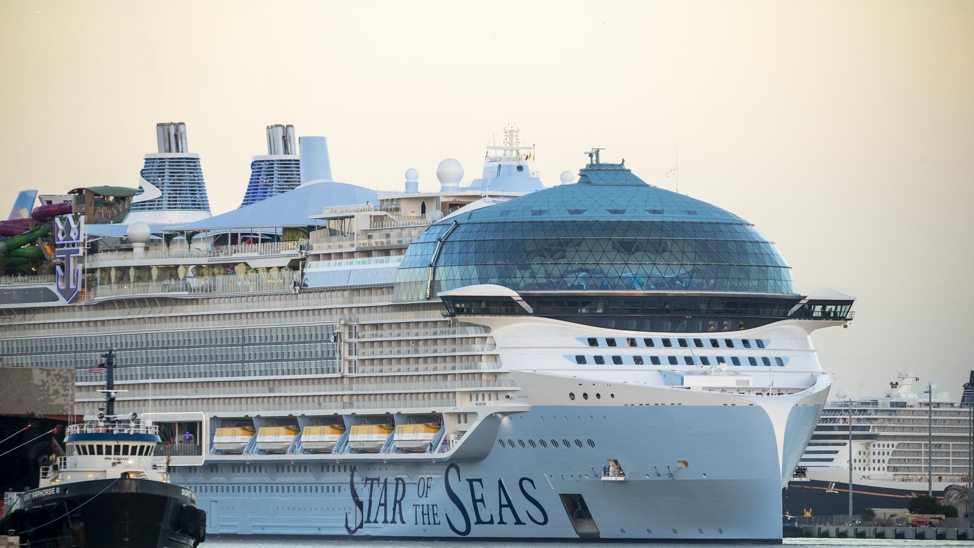Large cruise ship named Star of the Seas docked at port with blue glass dome on top and yellow lifeboats along the side during a calm, clear day.