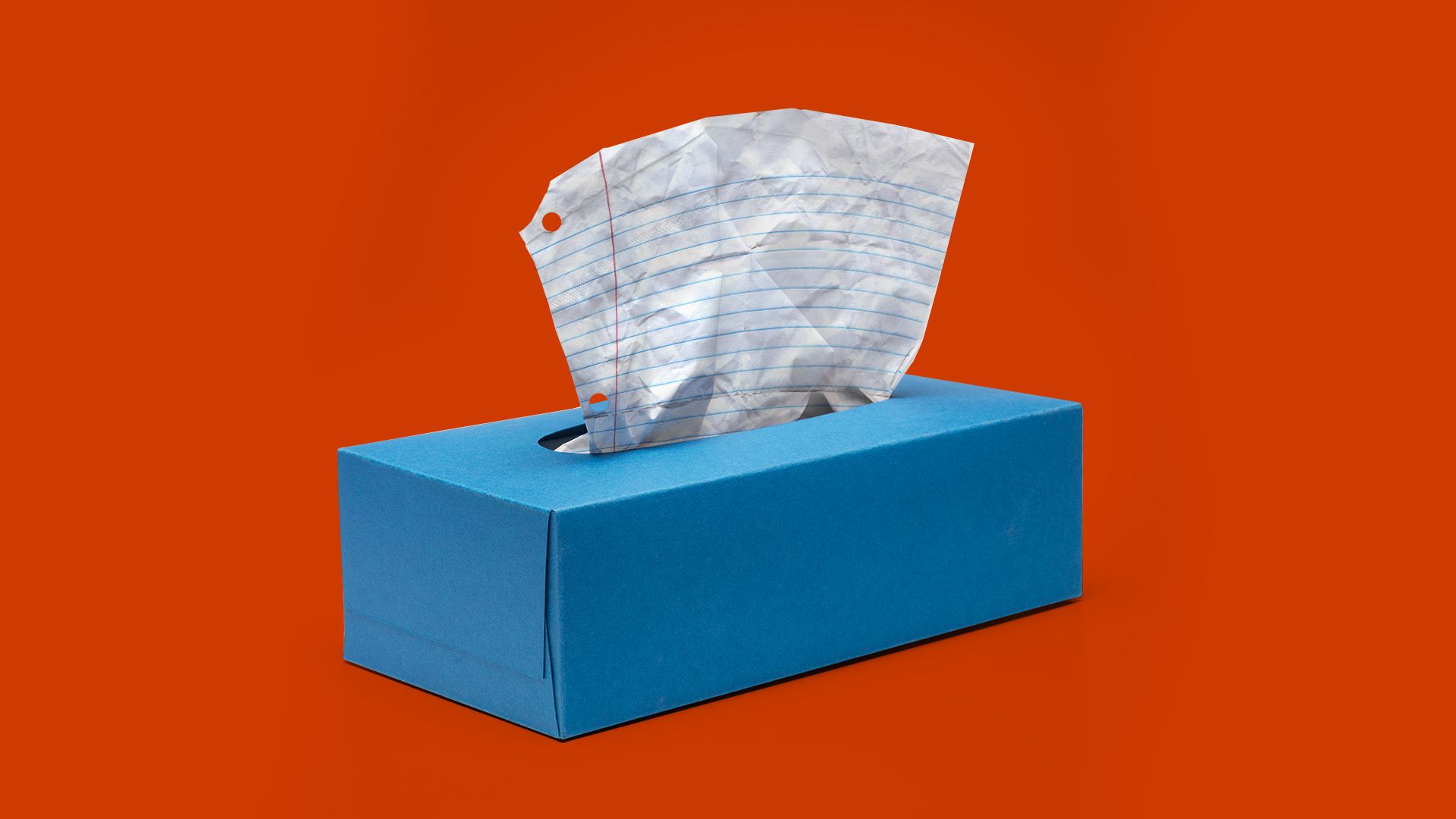Illustration of a tissue box with ruled paper coming out instead of tissues.