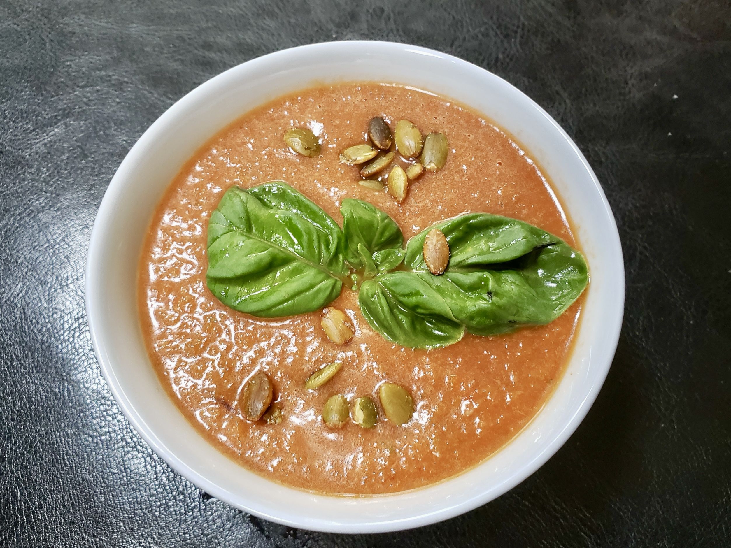 A bowl of gazpacho soup.