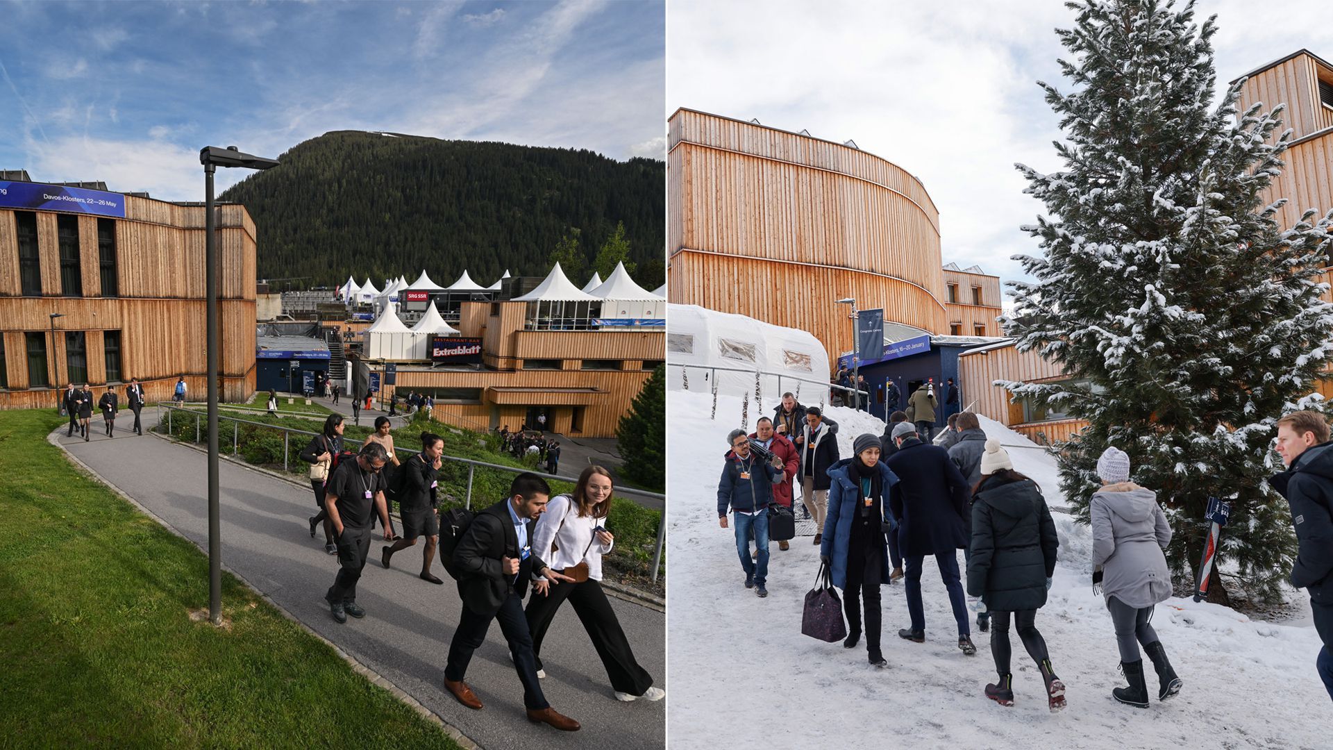 Left: People walk from the congress center ahead of the WEF annual meeting in Davos on May 21, 2022.