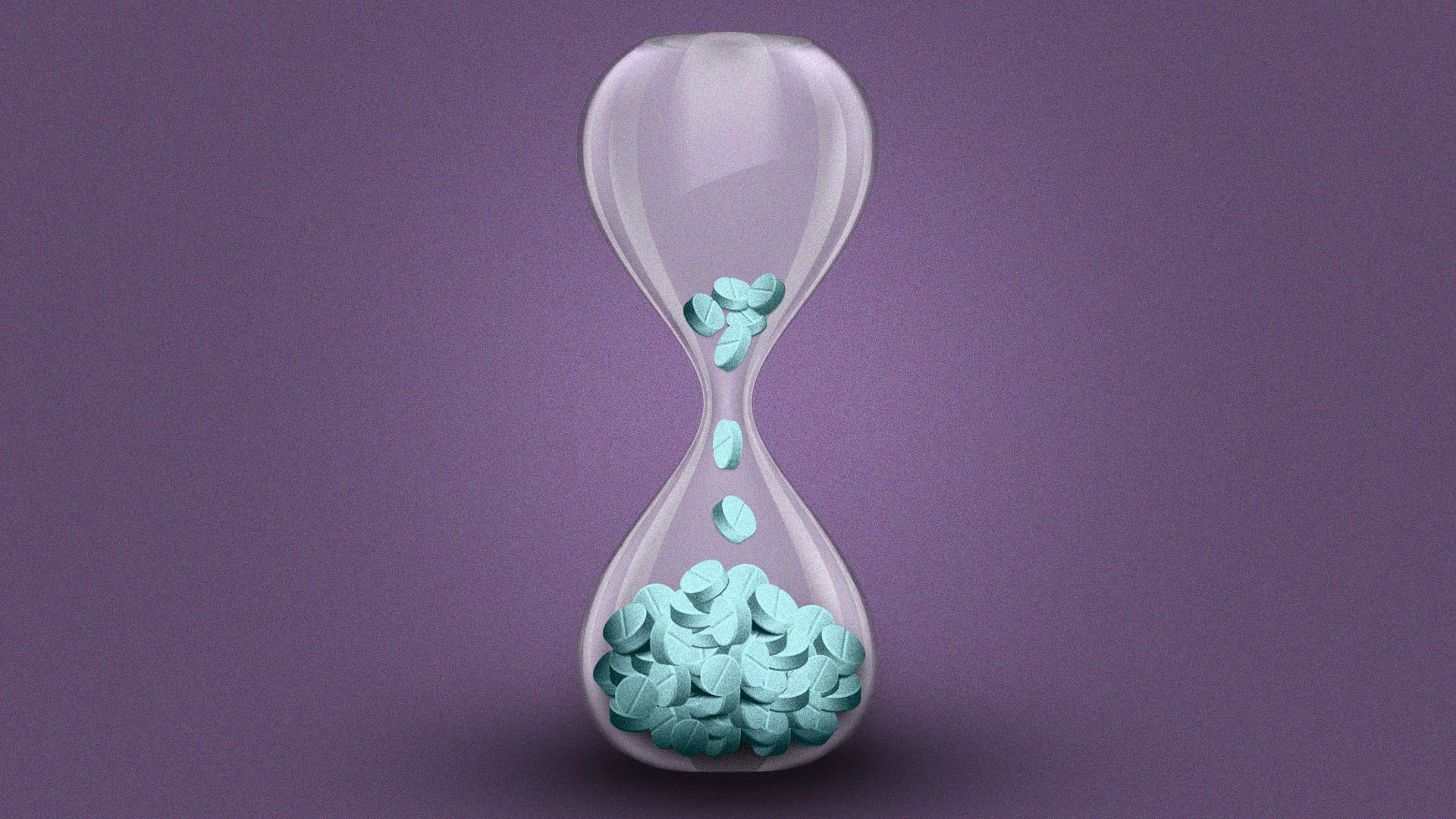 Illustration of an hourglass full of pills that have almost run out.