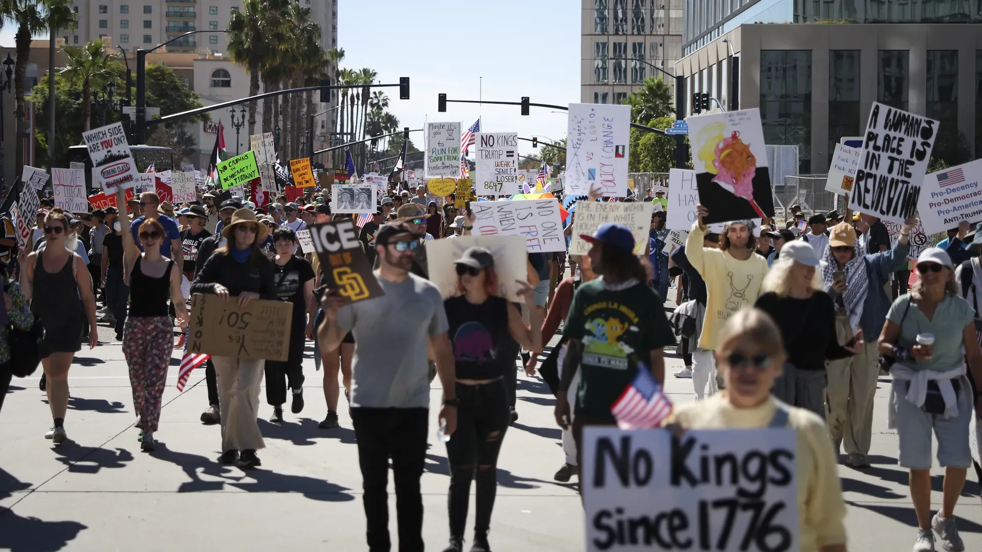 Thousands march along Pacific Highway during the October 2025 "No Kings" protest.