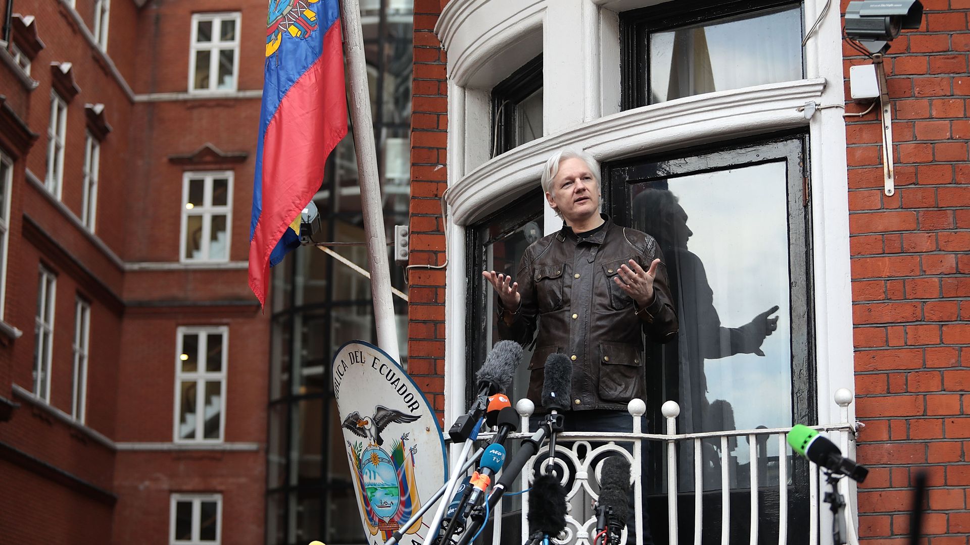 Julian Assange speaking from the Embassy Of Ecuador in London in 2017.