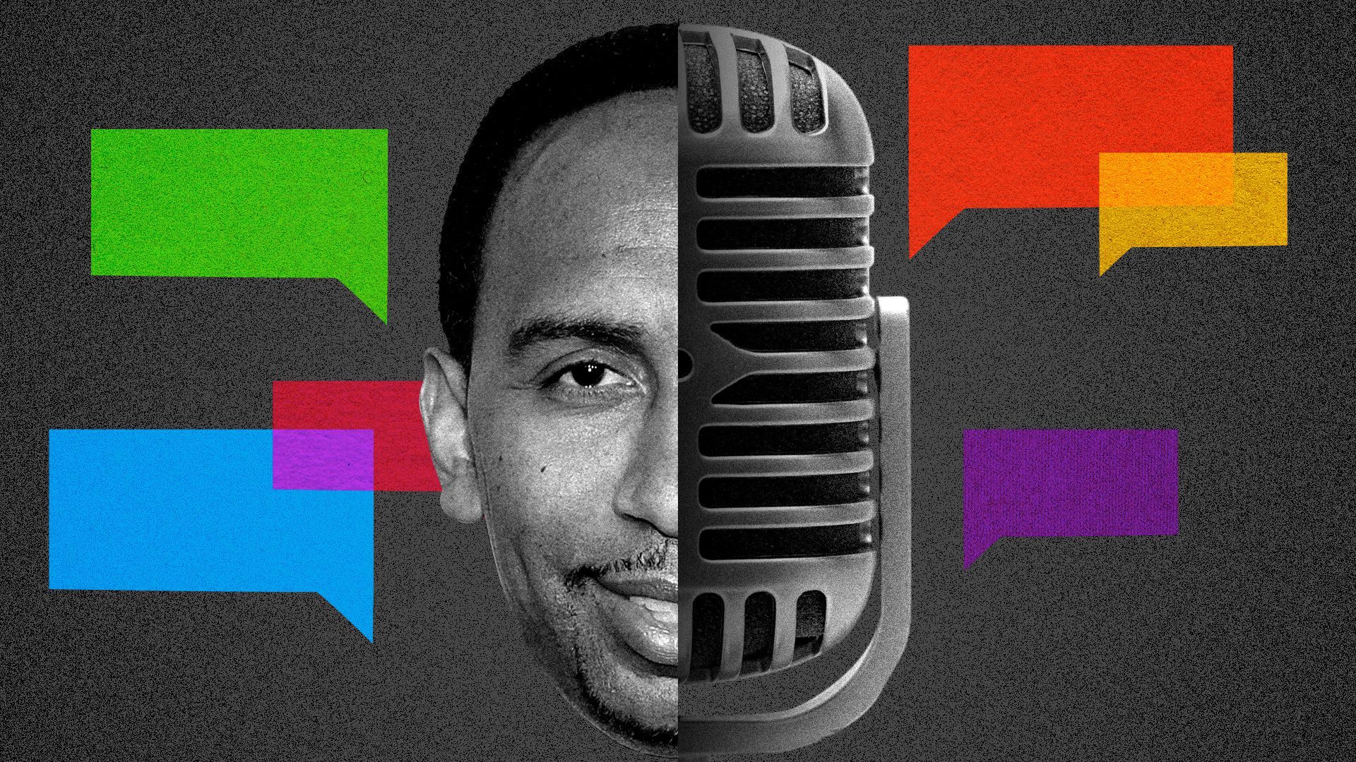 Photo illustration of Stephen A. Smith and an old-fashioned microphone surrounded by speech bubbles